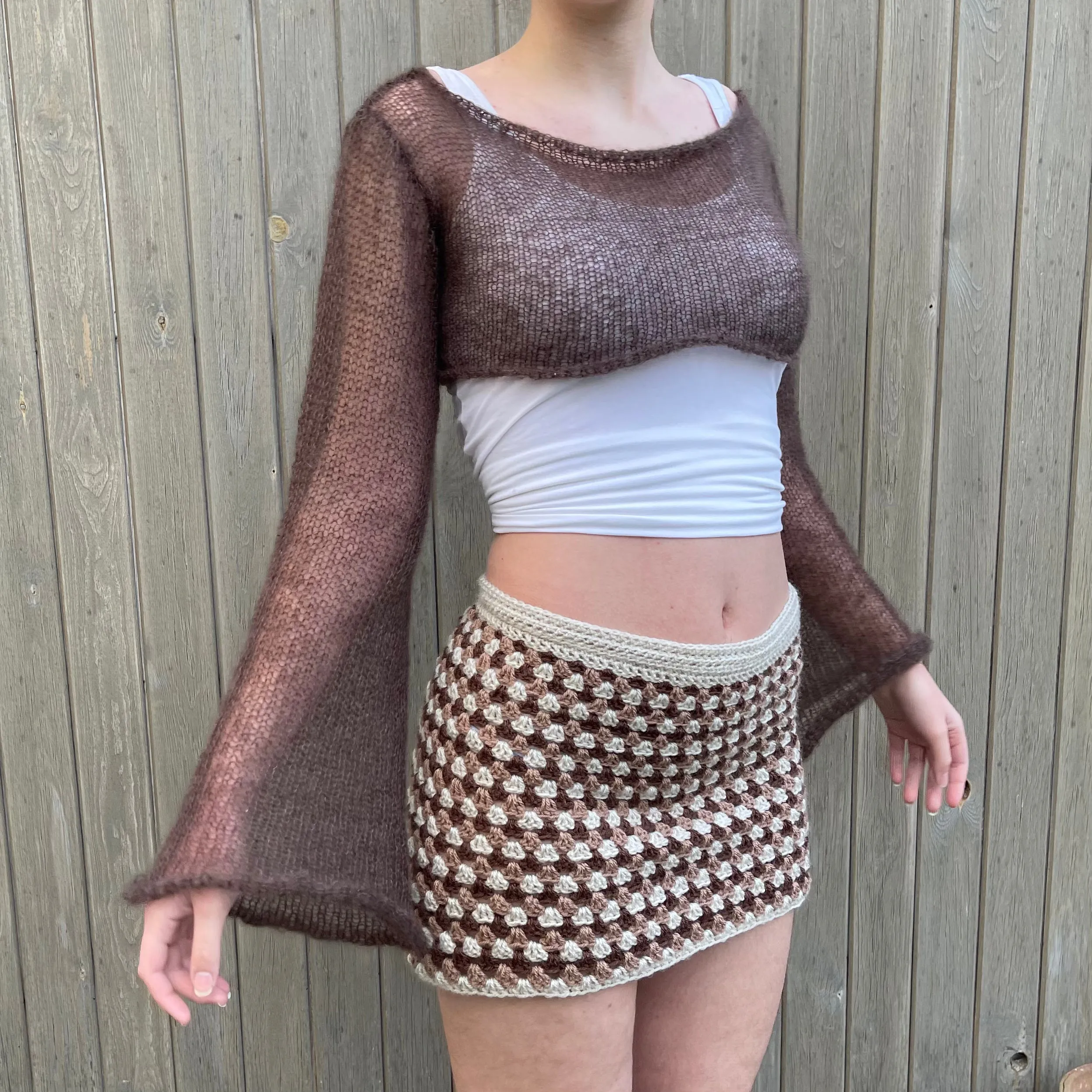 Handmade retro crochet mini skirt in beige and brown