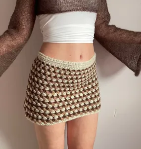 Handmade retro crochet mini skirt in beige and brown