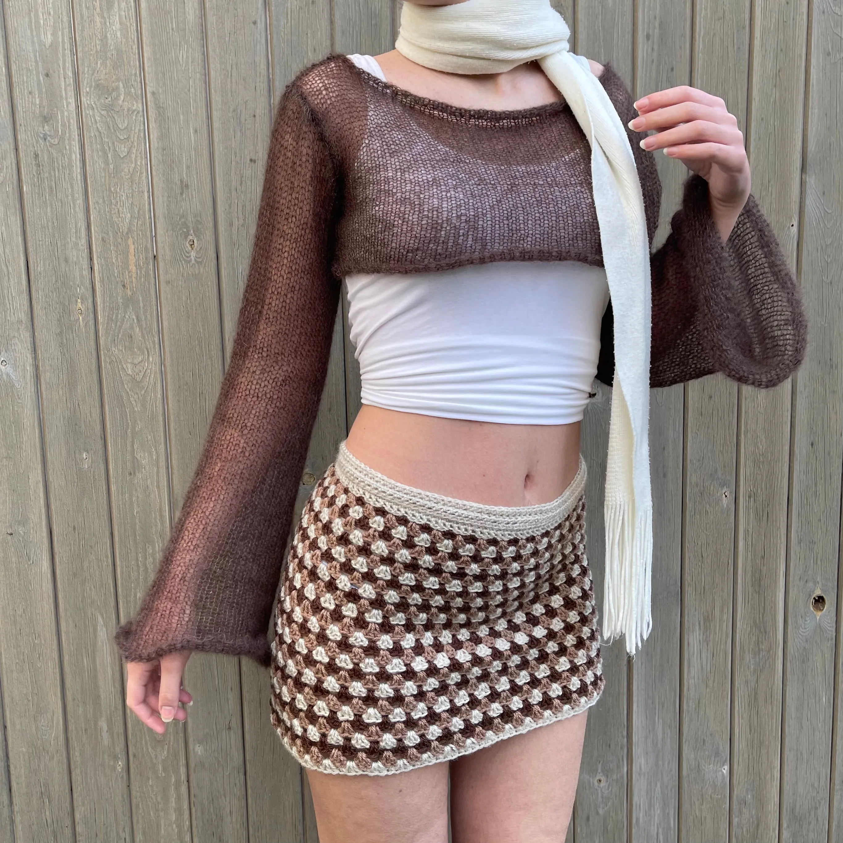 Handmade retro crochet mini skirt in beige and brown