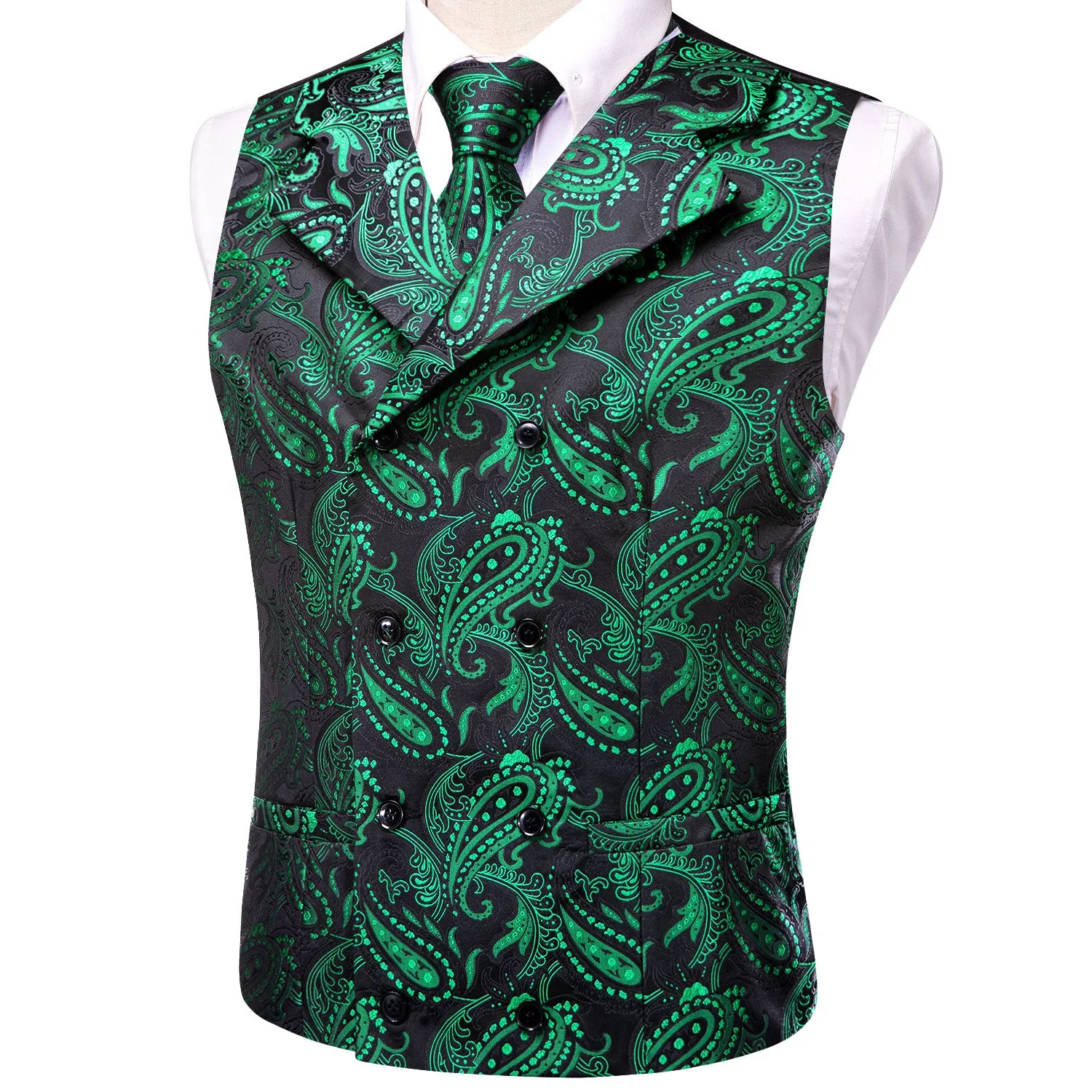 Hi-Tie Black Green Paisley Men's Collar Vest Hanky Cufflinks Tie Set