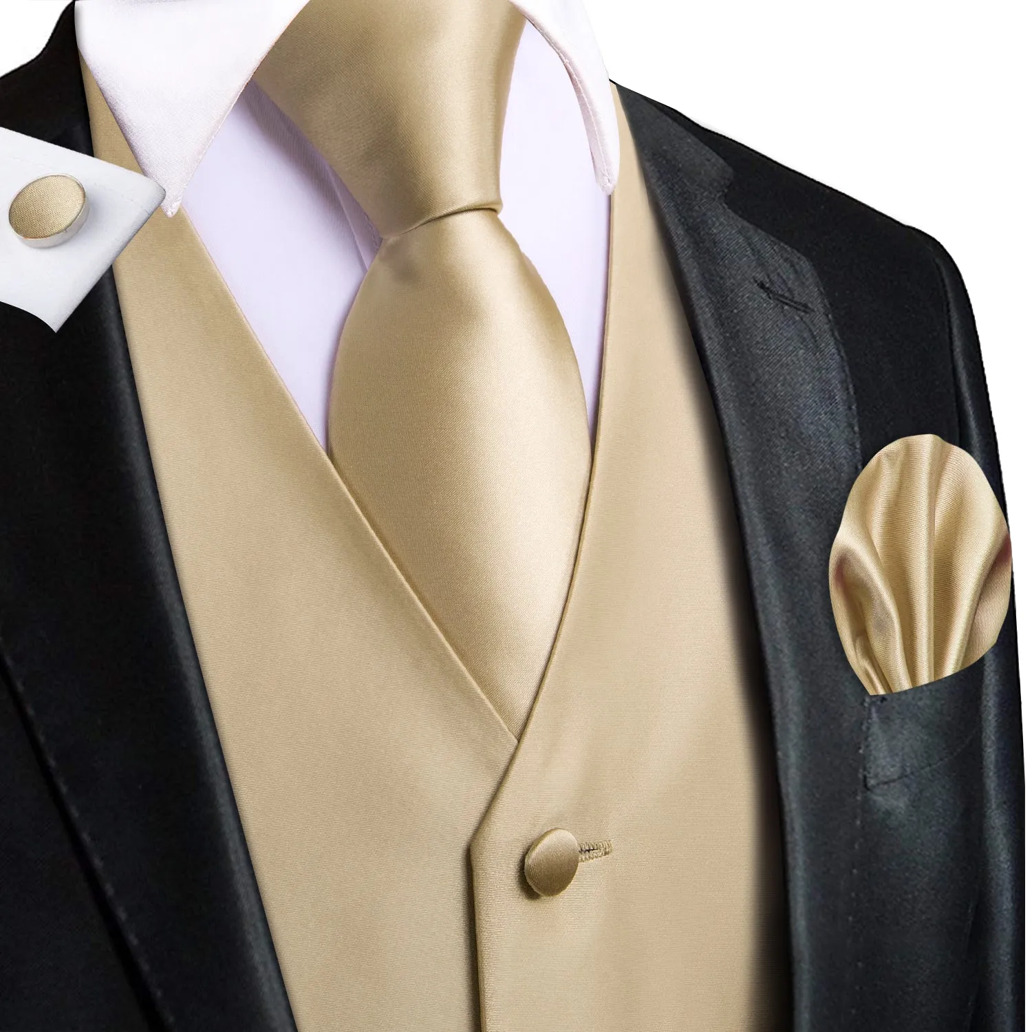 Hi-Tie Champagne Vest Solid Men's Waistcoat Tie Hanky Cufflinks Set