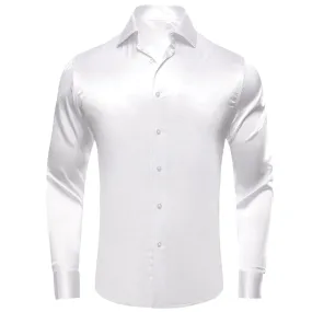 Hi-Tie White Dress Shirt Solid Satin Men's Long Sleeve Dress Shirt