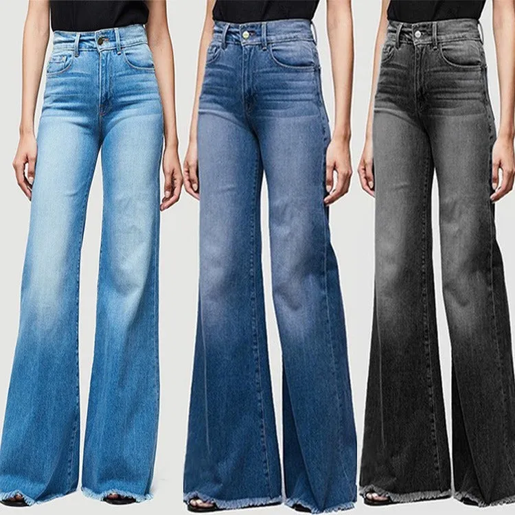 High Waist Slim Fashion Stretchable Wide leg  Ladies Jeans