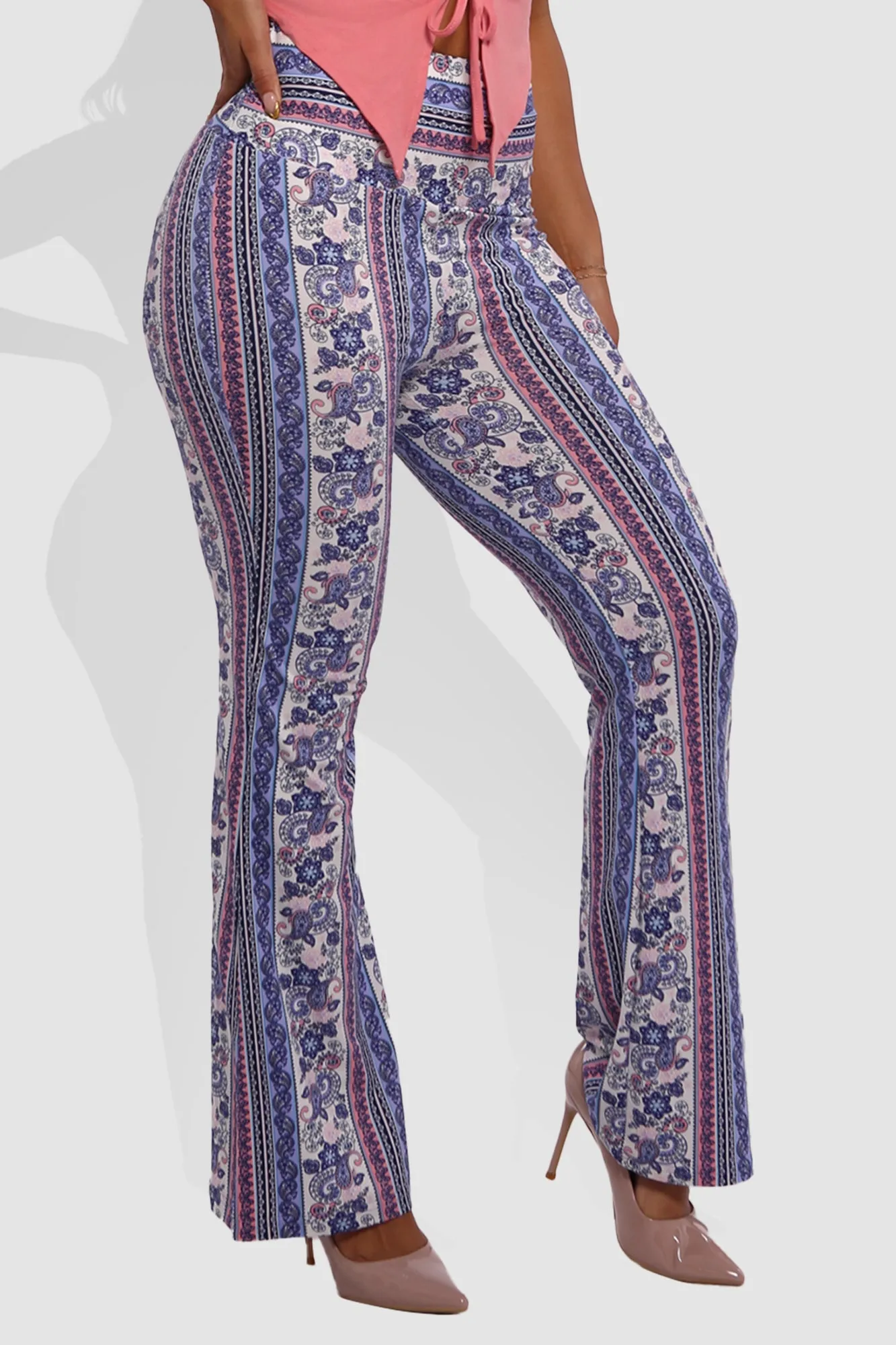 High Waist Soft Brushed Printed Flare Pants - Purple, Pink, White Boho