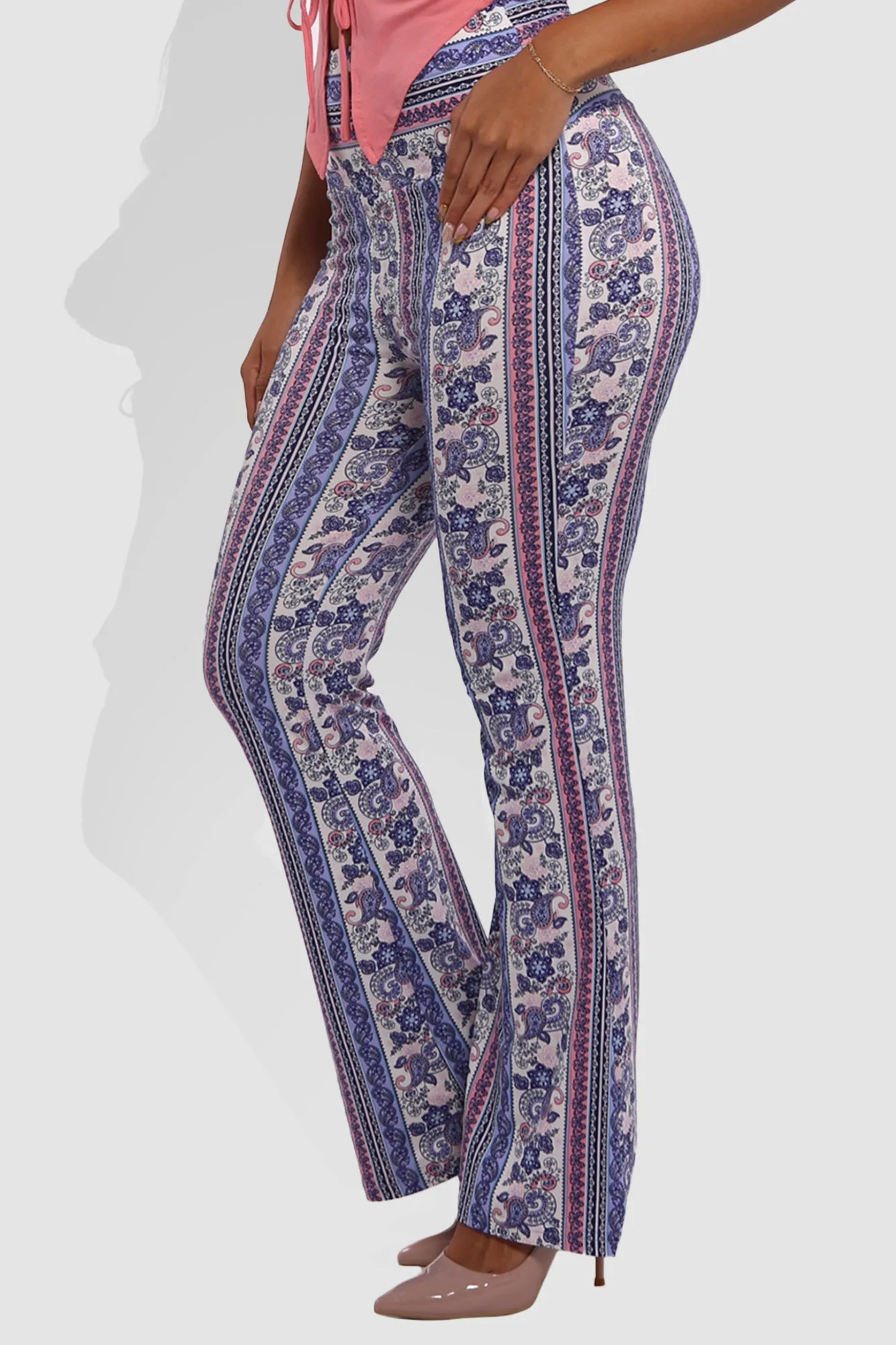 High Waist Soft Brushed Printed Flare Pants - Purple, Pink, White Boho