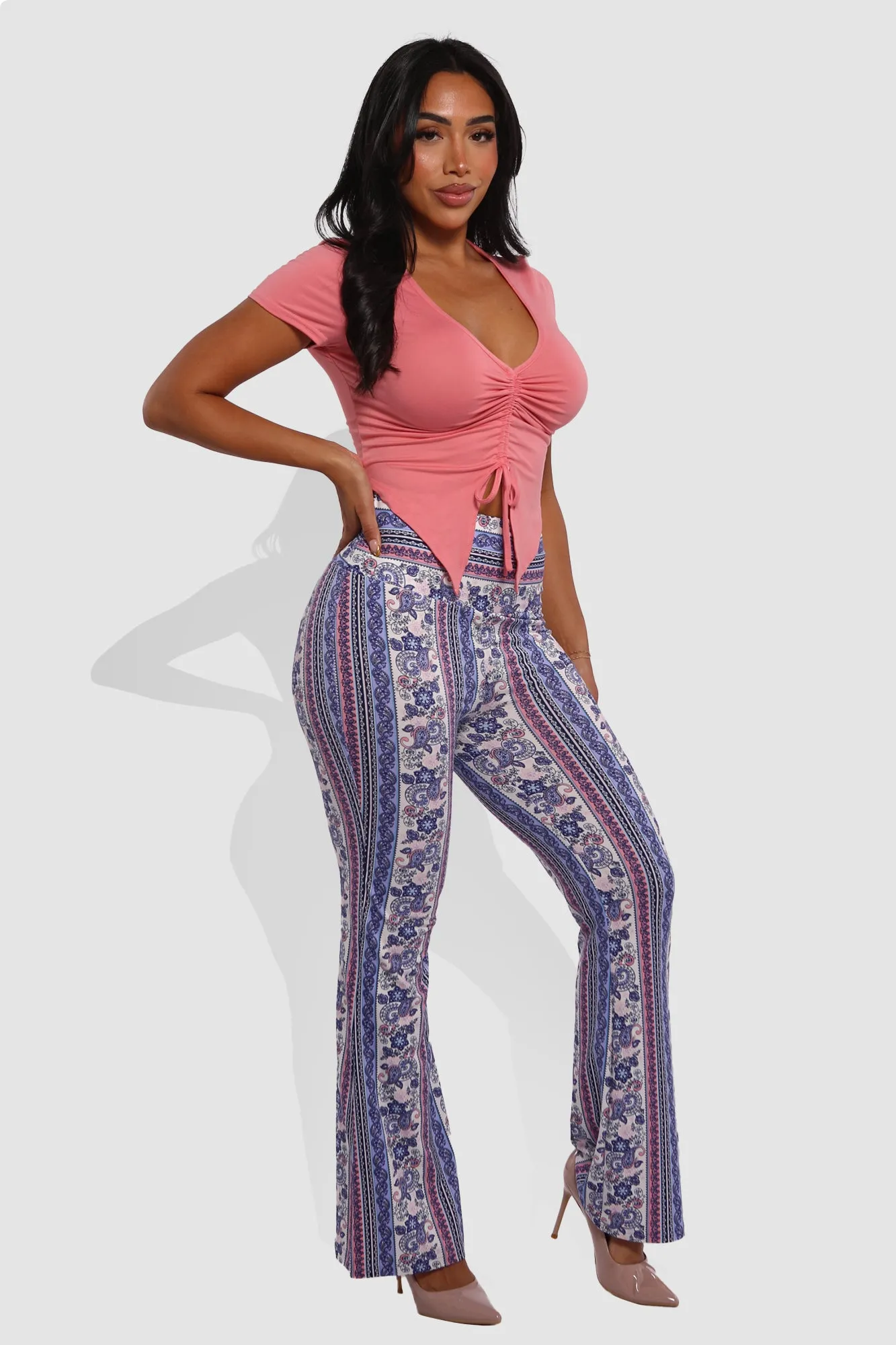 High Waist Soft Brushed Printed Flare Pants - Purple, Pink, White Boho