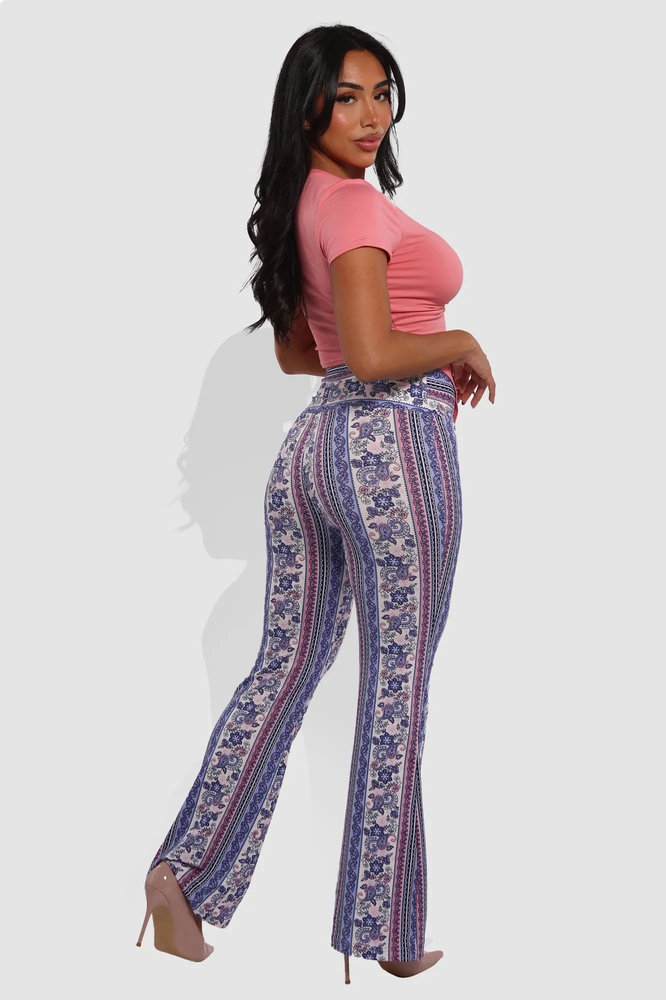 High Waist Soft Brushed Printed Flare Pants - Purple, Pink, White Boho