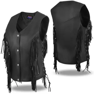 HL14858FRINGE WOMEN SIDE LACE VEST M/O BUFFALO LEATHER BLACK