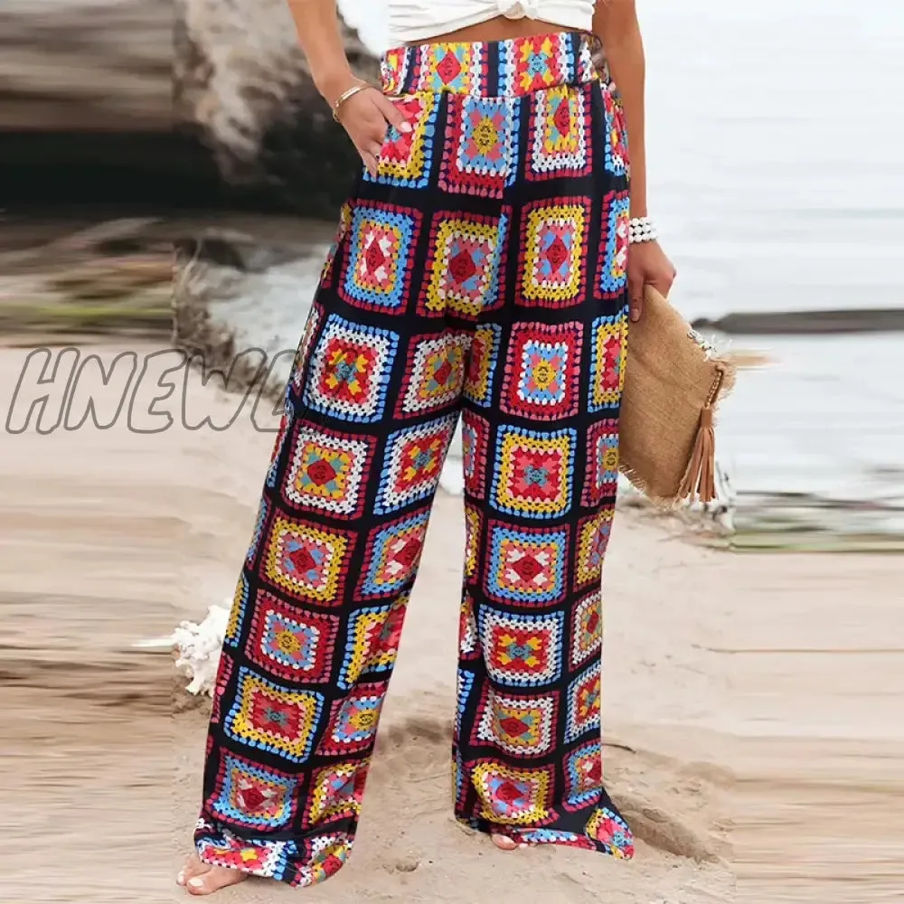 Hnewly See Through Flared Leg Pants Women High Waist Summer Floral Knitted Crochet Beach Holiday Long Pants Trousers