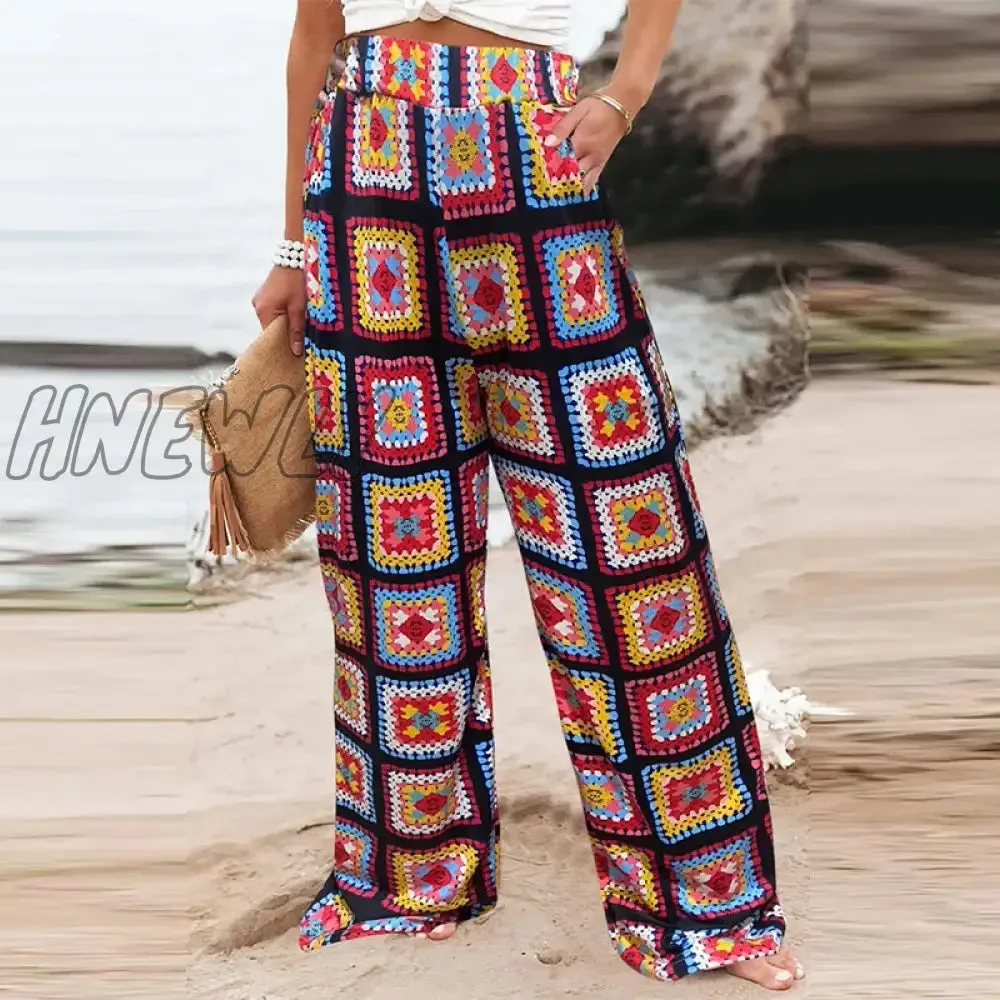 Hnewly See Through Flared Leg Pants Women High Waist Summer Floral Knitted Crochet Beach Holiday Long Pants Trousers