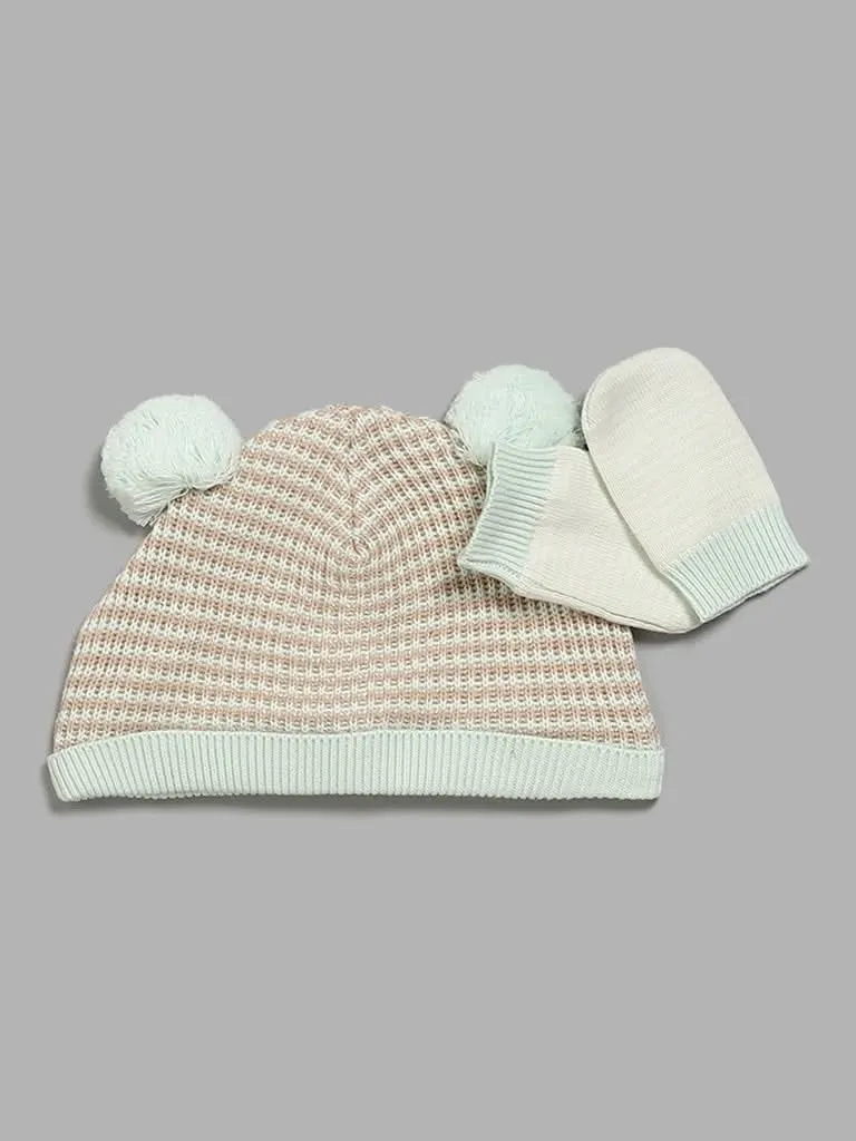 HOP Baby Mint Striped Pom Pom Beanie with Paw Mitten Set