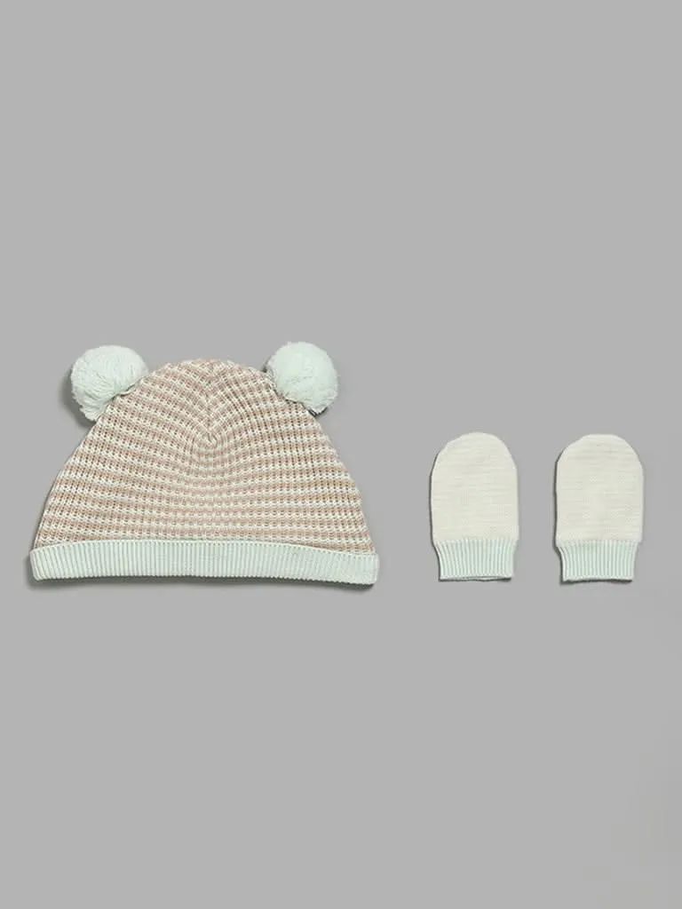 HOP Baby Mint Striped Pom Pom Beanie with Paw Mitten Set