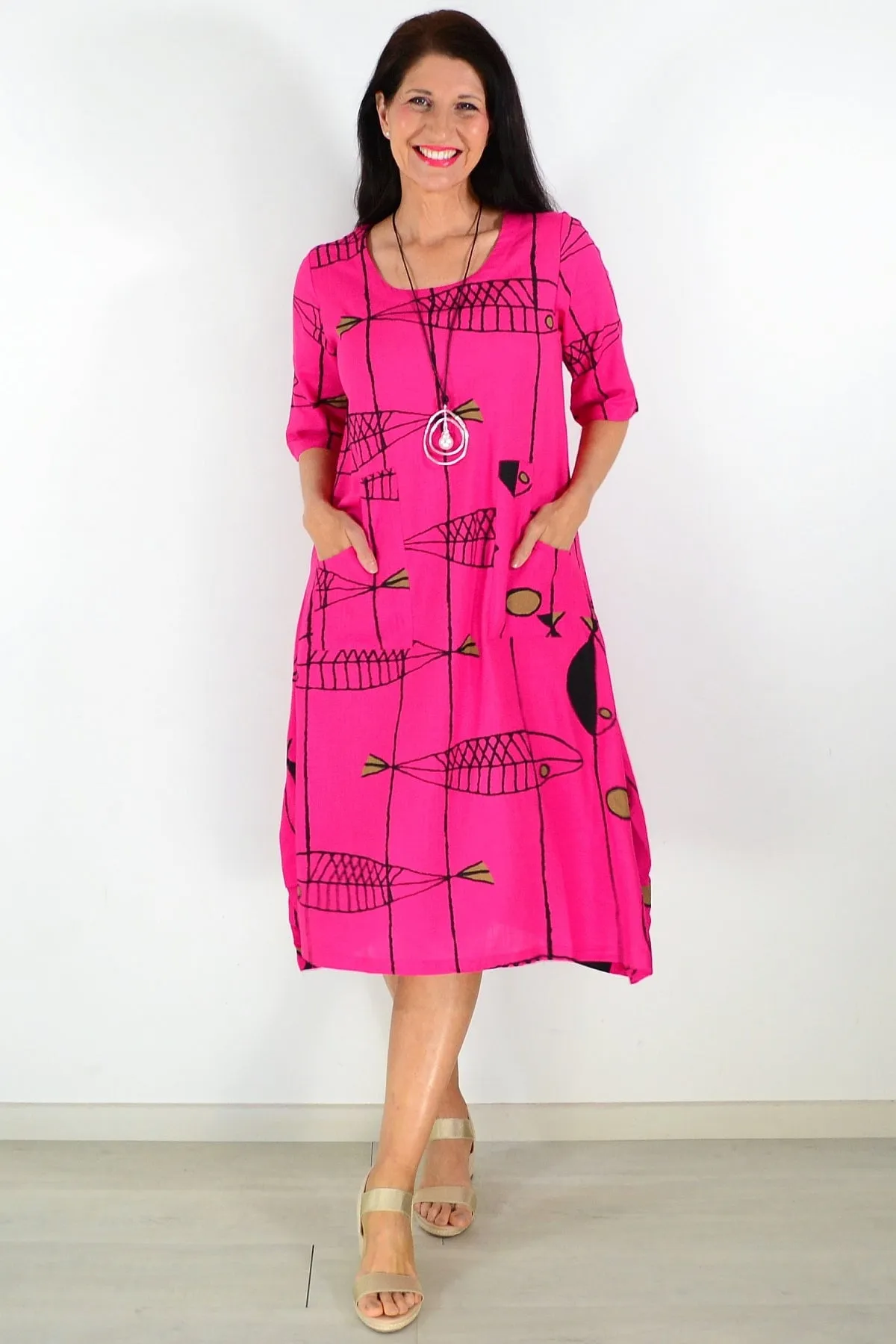 Hot Pink Linen Cotton Print Tunic Dress