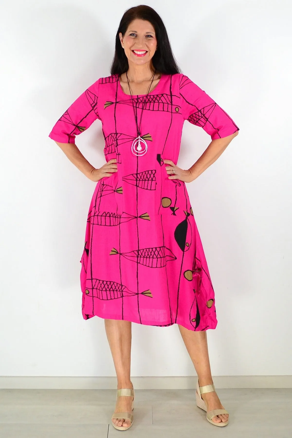 Hot Pink Linen Cotton Print Tunic Dress