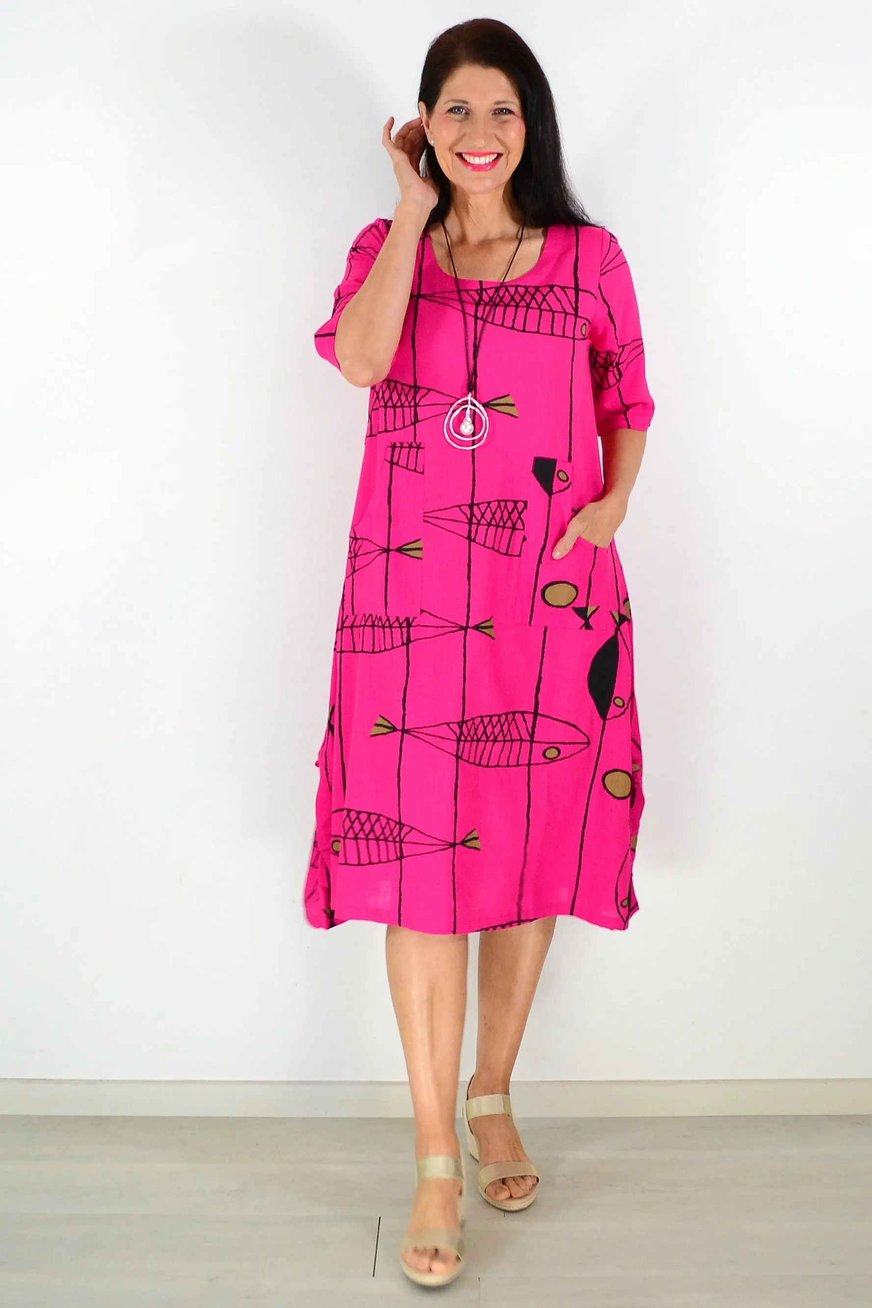 Hot Pink Linen Cotton Print Tunic Dress