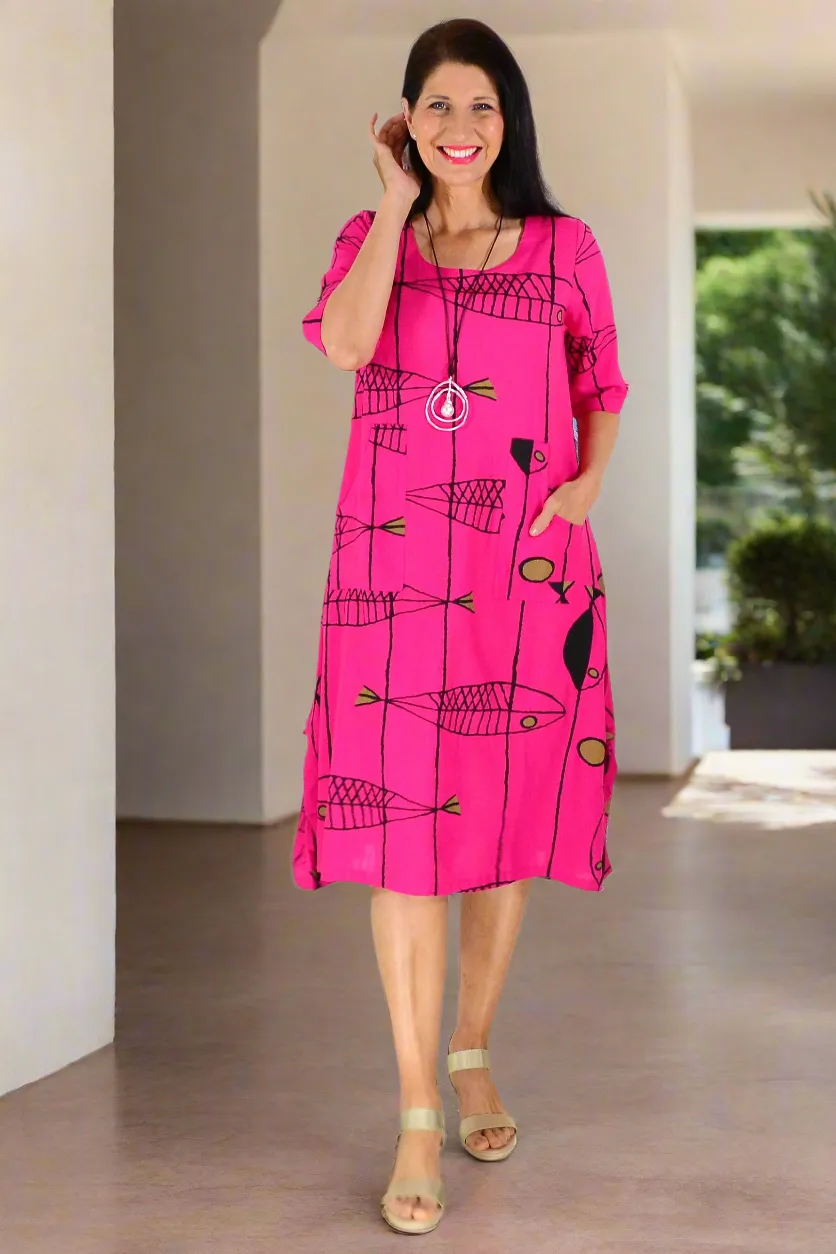 Hot Pink Linen Cotton Print Tunic Dress