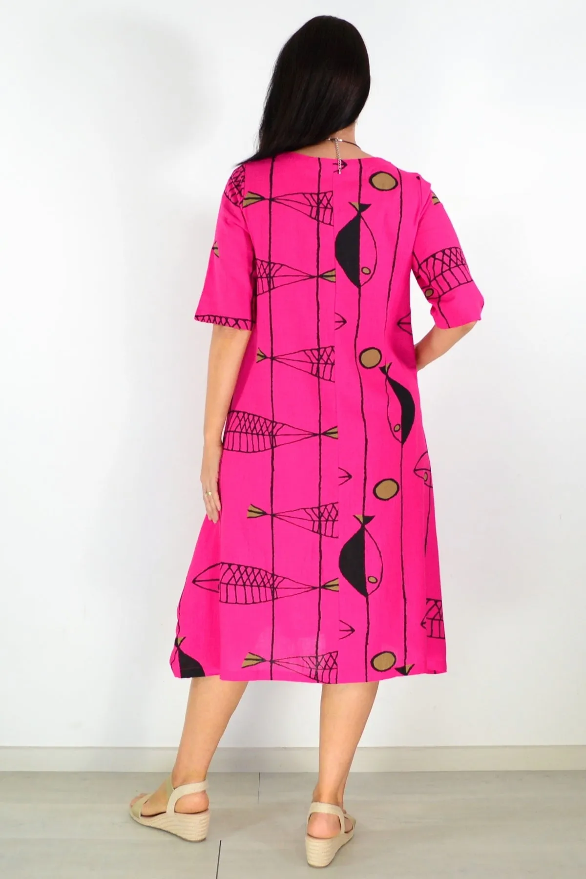 Hot Pink Linen Cotton Print Tunic Dress