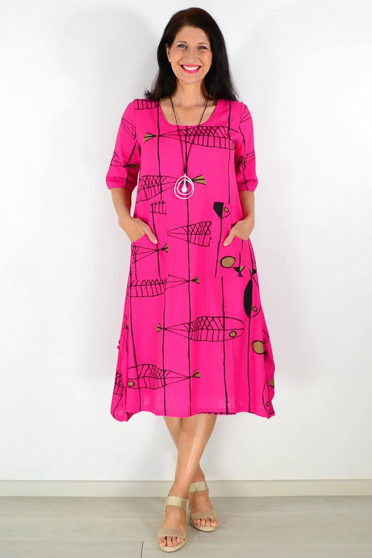 Hot Pink Linen Cotton Print Tunic Dress