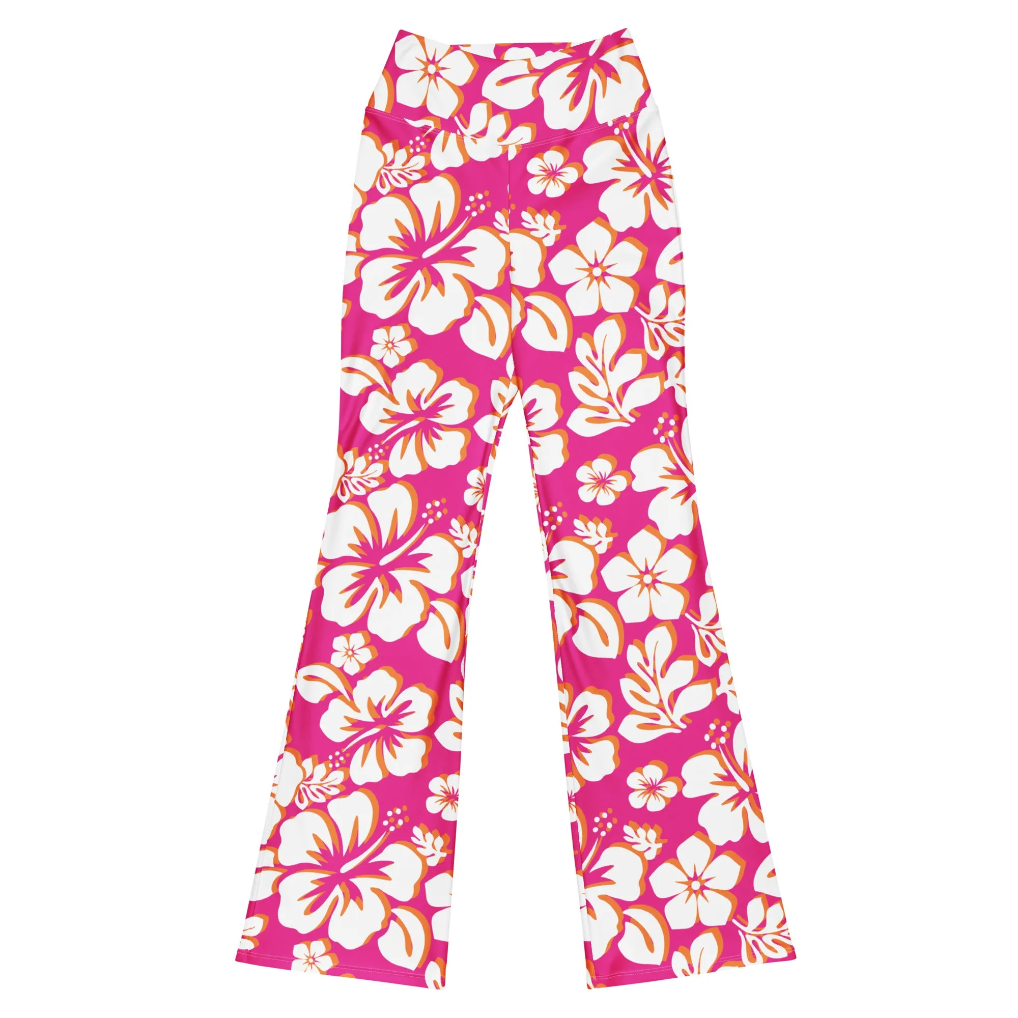 Hot Pink, Orange and White Hawaiian Flowers High Waist Flare Leggings