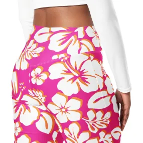 Hot Pink, Orange and White Hawaiian Flowers High Waist Flare Leggings