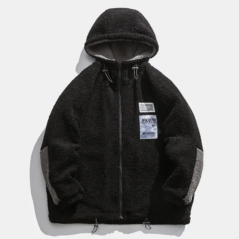 Ilooove - Men Winter Fleece Jacket Lamb Wool Hooded Coat Mens Thick Warm Coat Loose Japanese Streetwear Casual Harajuku Zippered Jacket