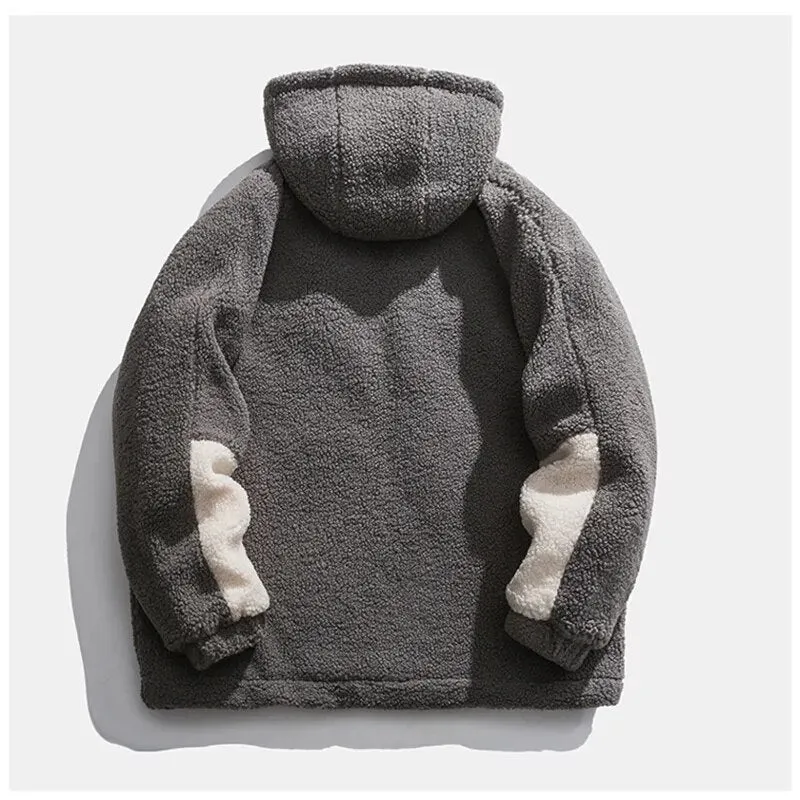 Ilooove - Men Winter Fleece Jacket Lamb Wool Hooded Coat Mens Thick Warm Coat Loose Japanese Streetwear Casual Harajuku Zippered Jacket