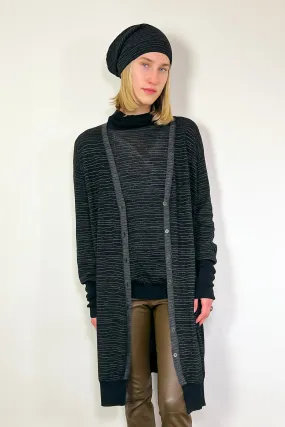 Jaquard Wool Knit Long Cardigan - Black Stripe