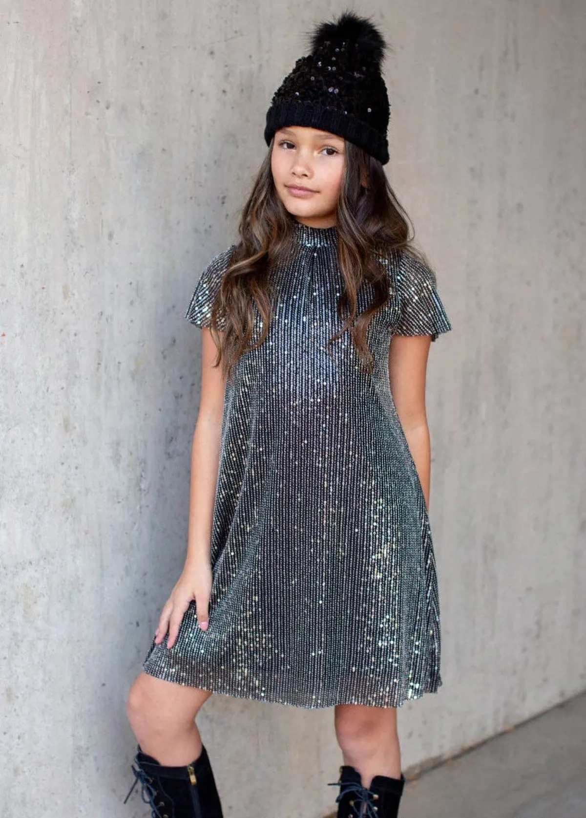 Joyfolie Chloe Girls Sequin Pom Hat in Black