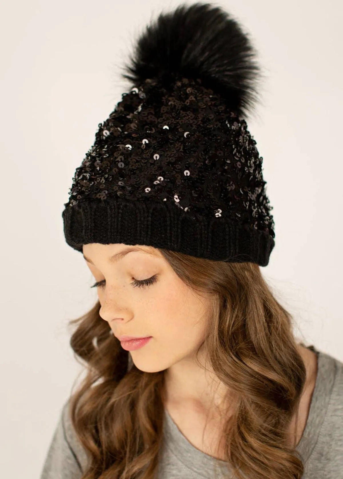 Joyfolie Chloe Girls Sequin Pom Hat in Black