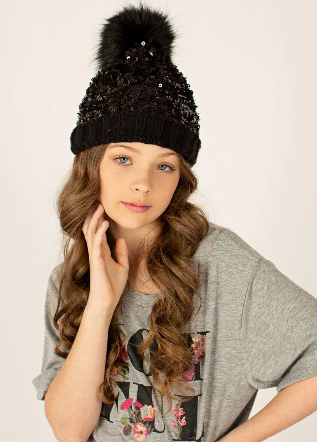 Joyfolie Chloe Girls Sequin Pom Hat in Black