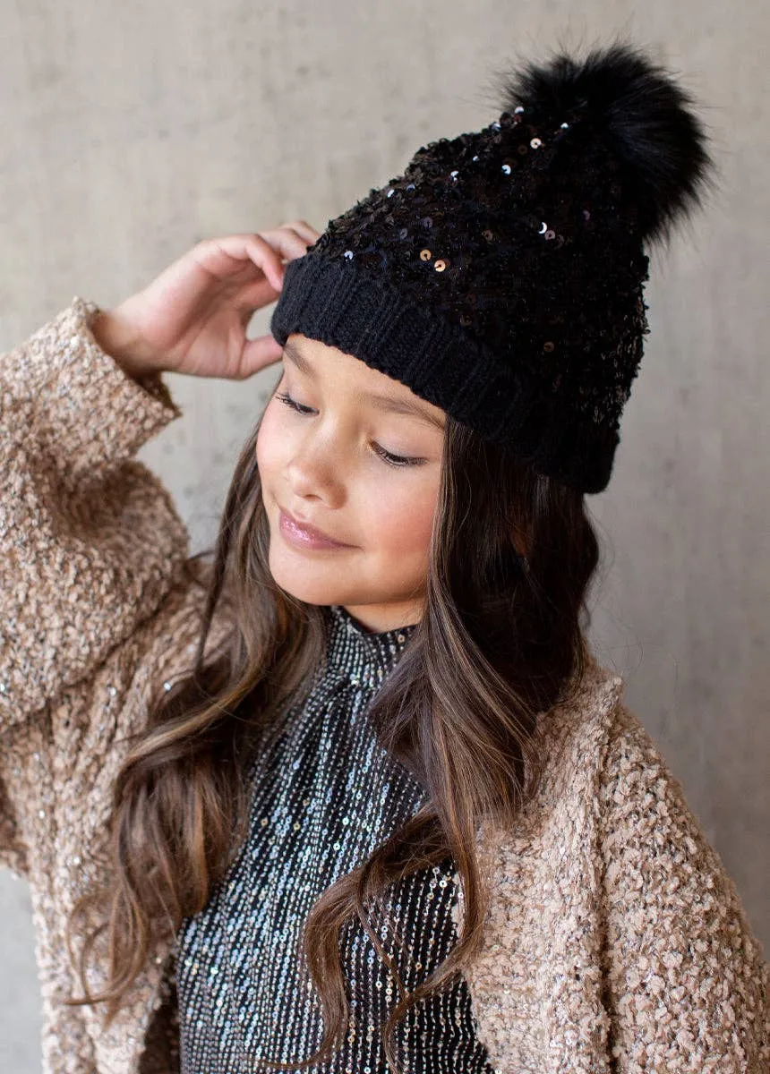 Joyfolie Chloe Girls Sequin Pom Hat in Black