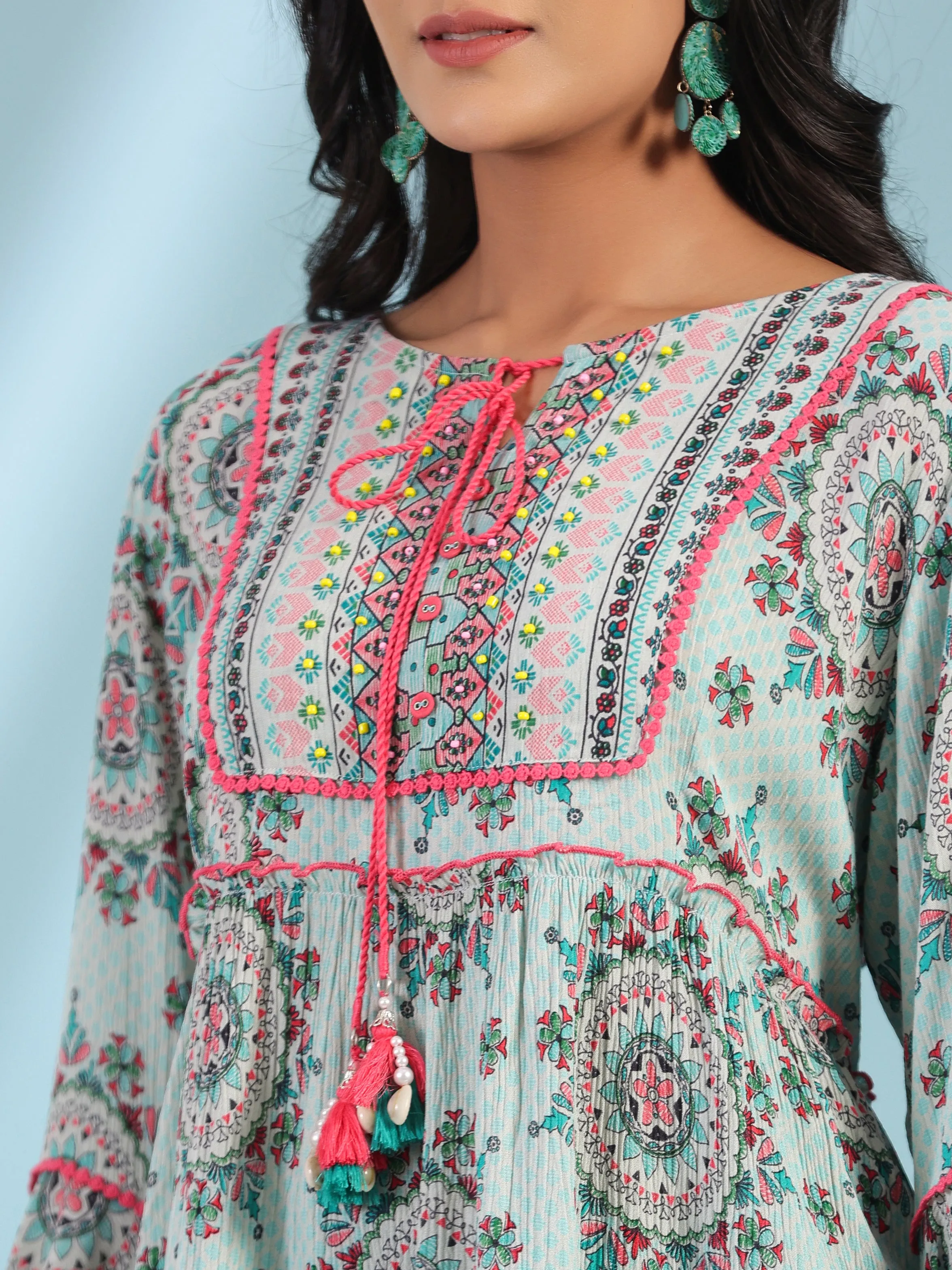 Juniper Mint Women Rayon Crepe Ethnic Motif Printed Peplum Tunic With Beadwork