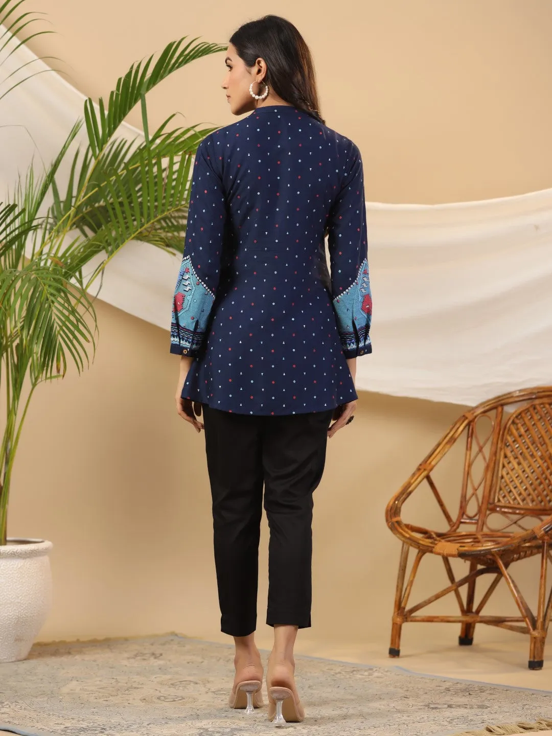 Juniper Navy Blue Geometric Printed Rayon Slub Long Cuff Sleeves Tunic