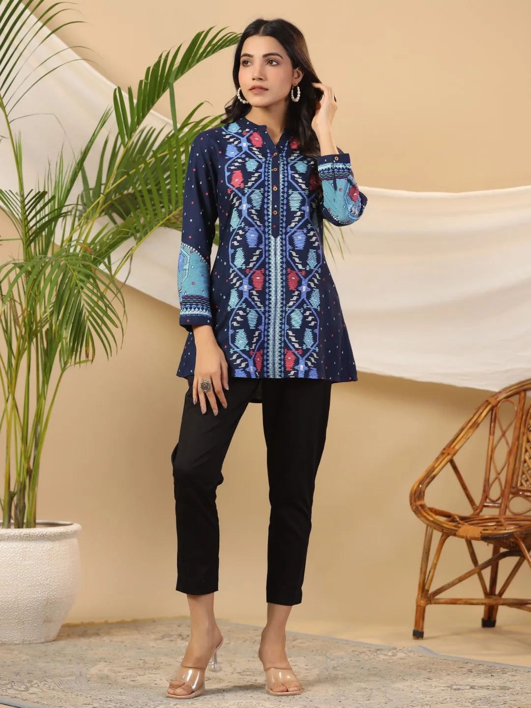 Juniper Navy Blue Geometric Printed Rayon Slub Long Cuff Sleeves Tunic