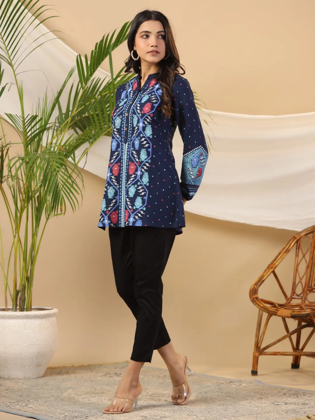 Juniper Navy Blue Geometric Printed Rayon Slub Long Cuff Sleeves Tunic