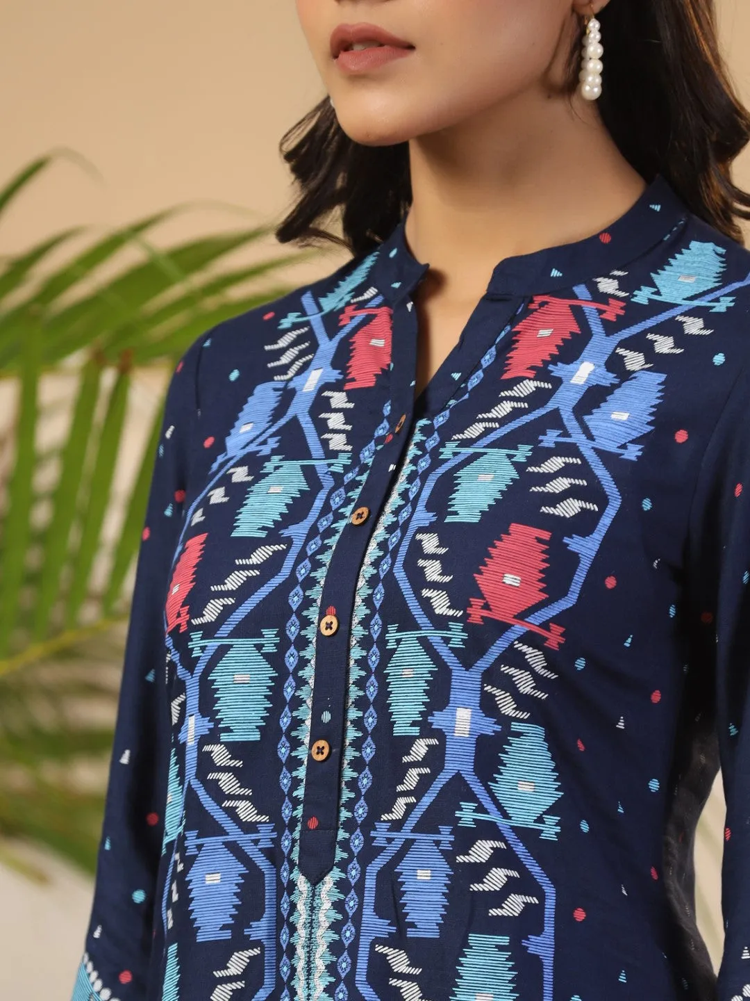 Juniper Navy Blue Geometric Printed Rayon Slub Long Cuff Sleeves Tunic