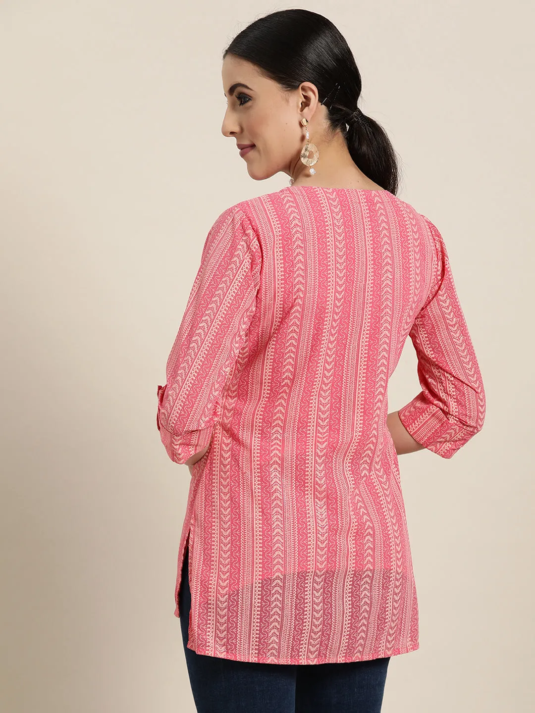 Juniper Pink Ethnic Motif Printed Georgette High-Low Tunic.