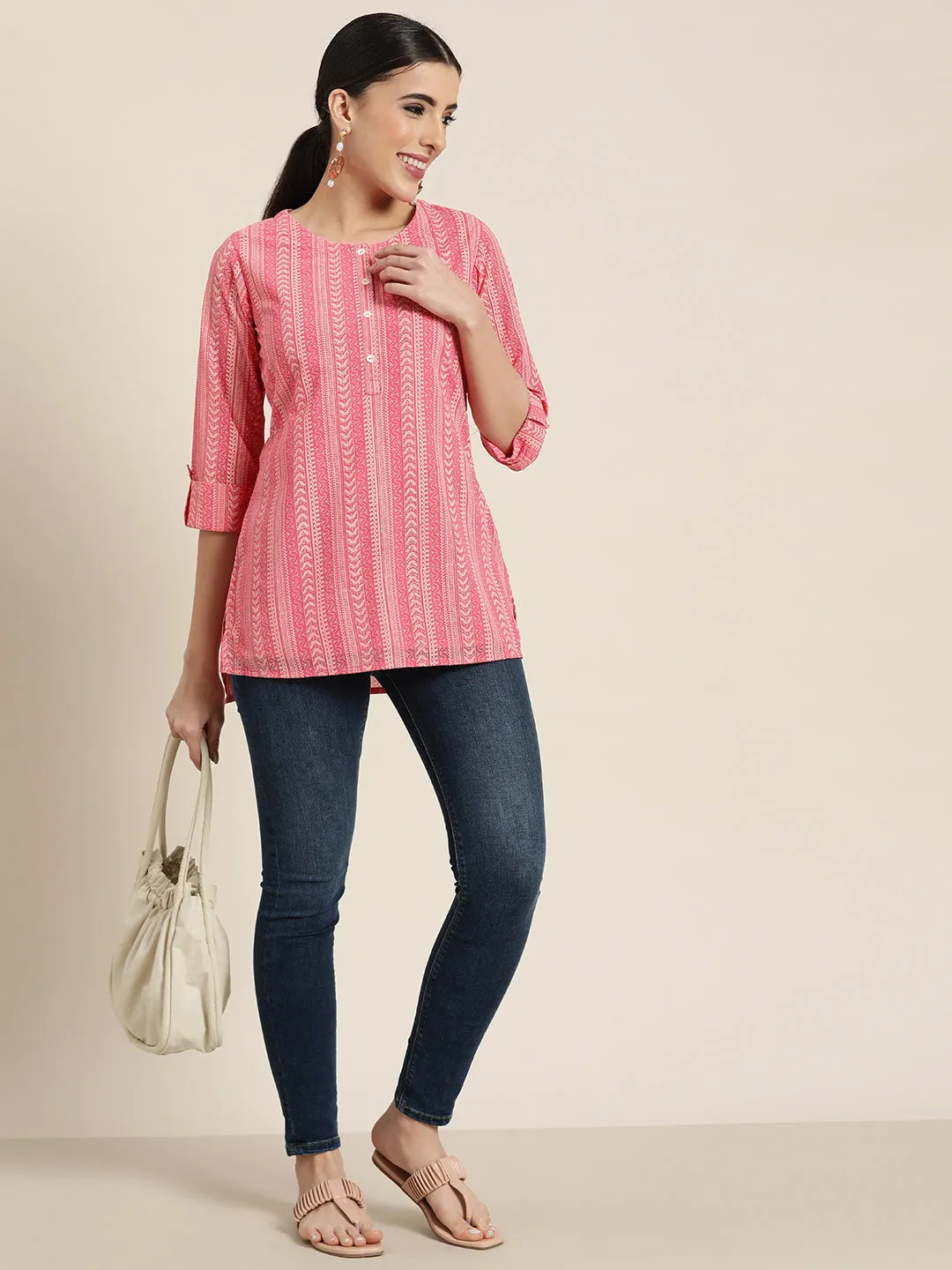 Juniper Pink Ethnic Motif Printed Georgette High-Low Tunic.