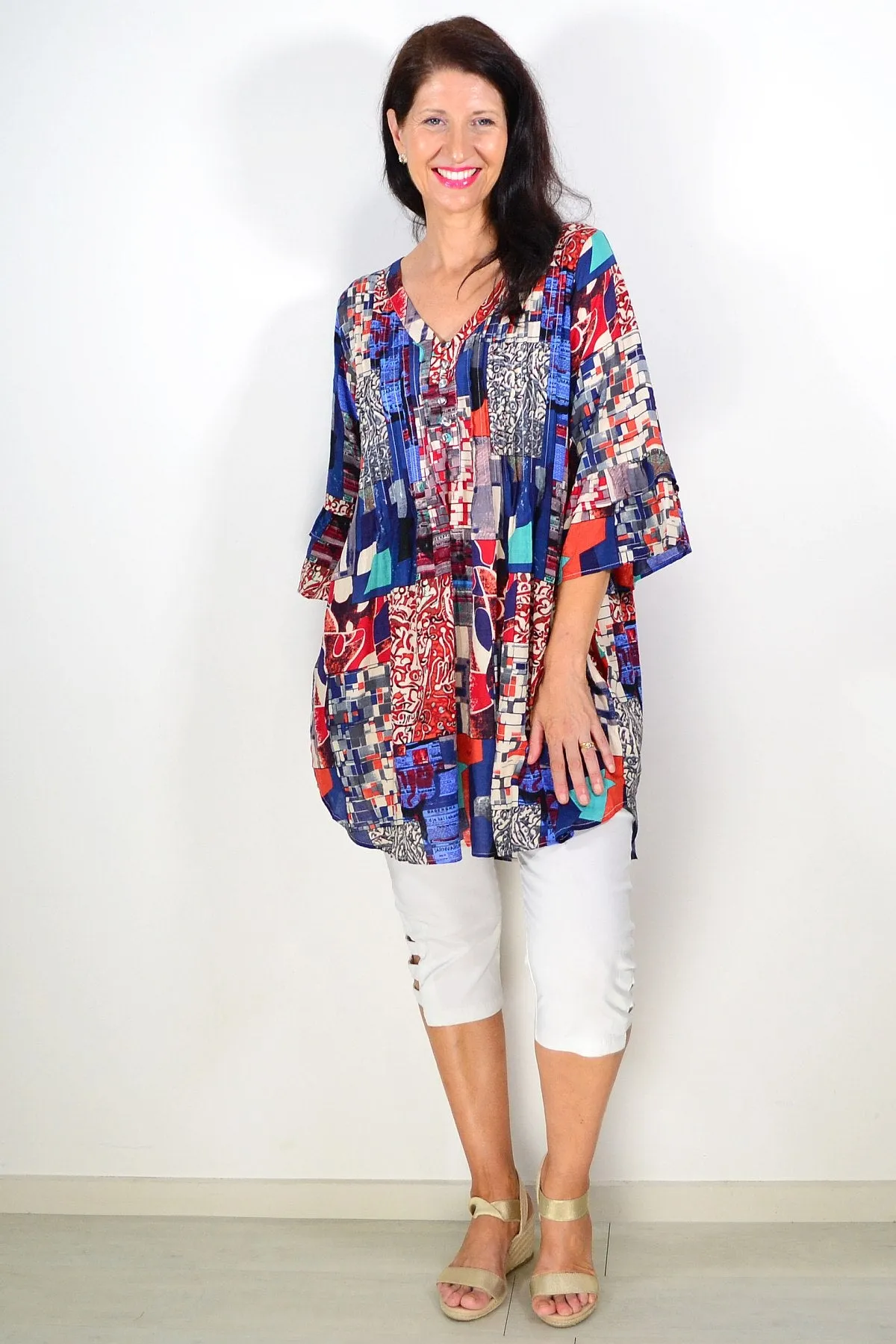 Kaira Blue Red Ladies Tunic Top