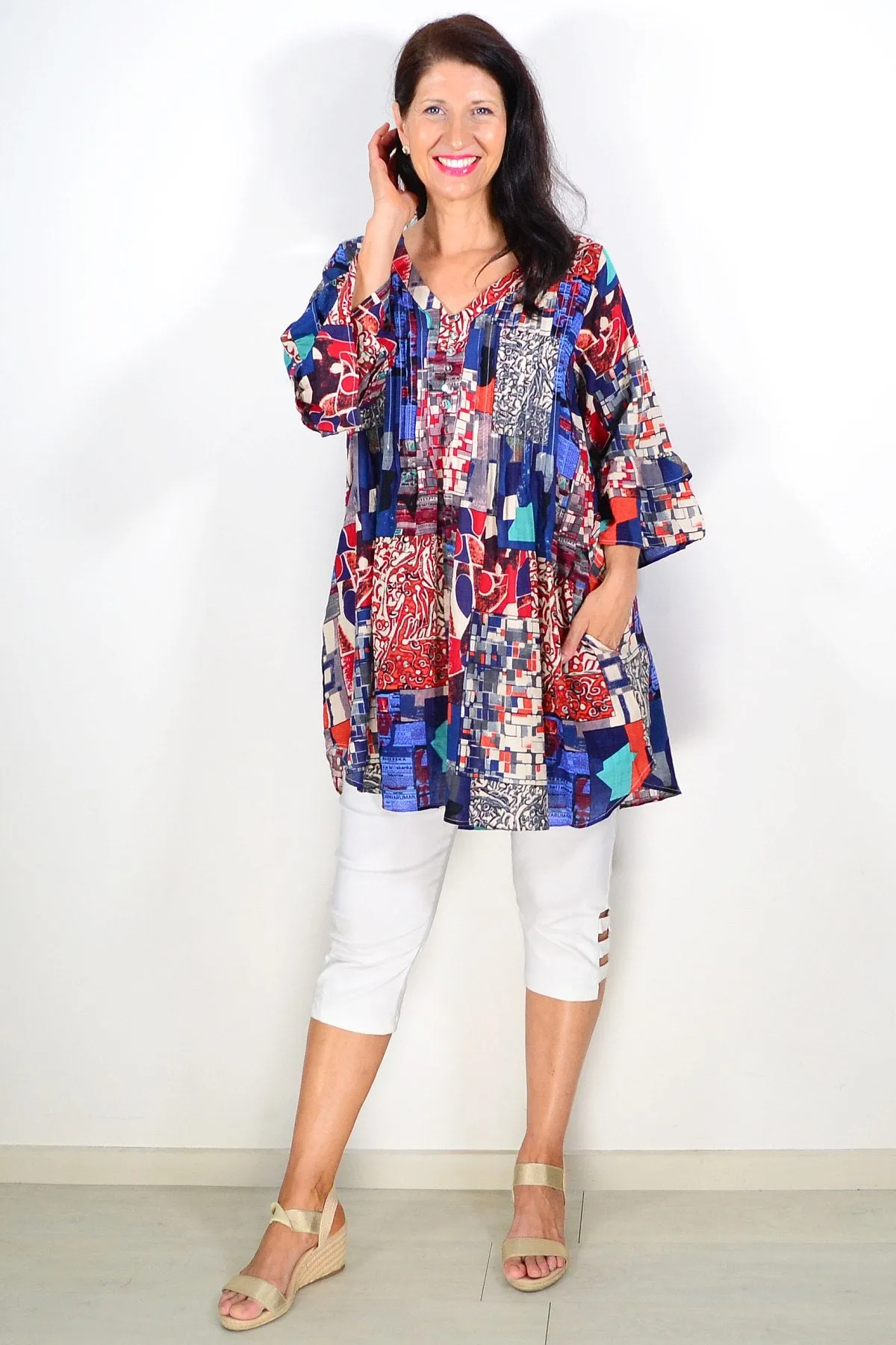 Kaira Blue Red Ladies Tunic Top