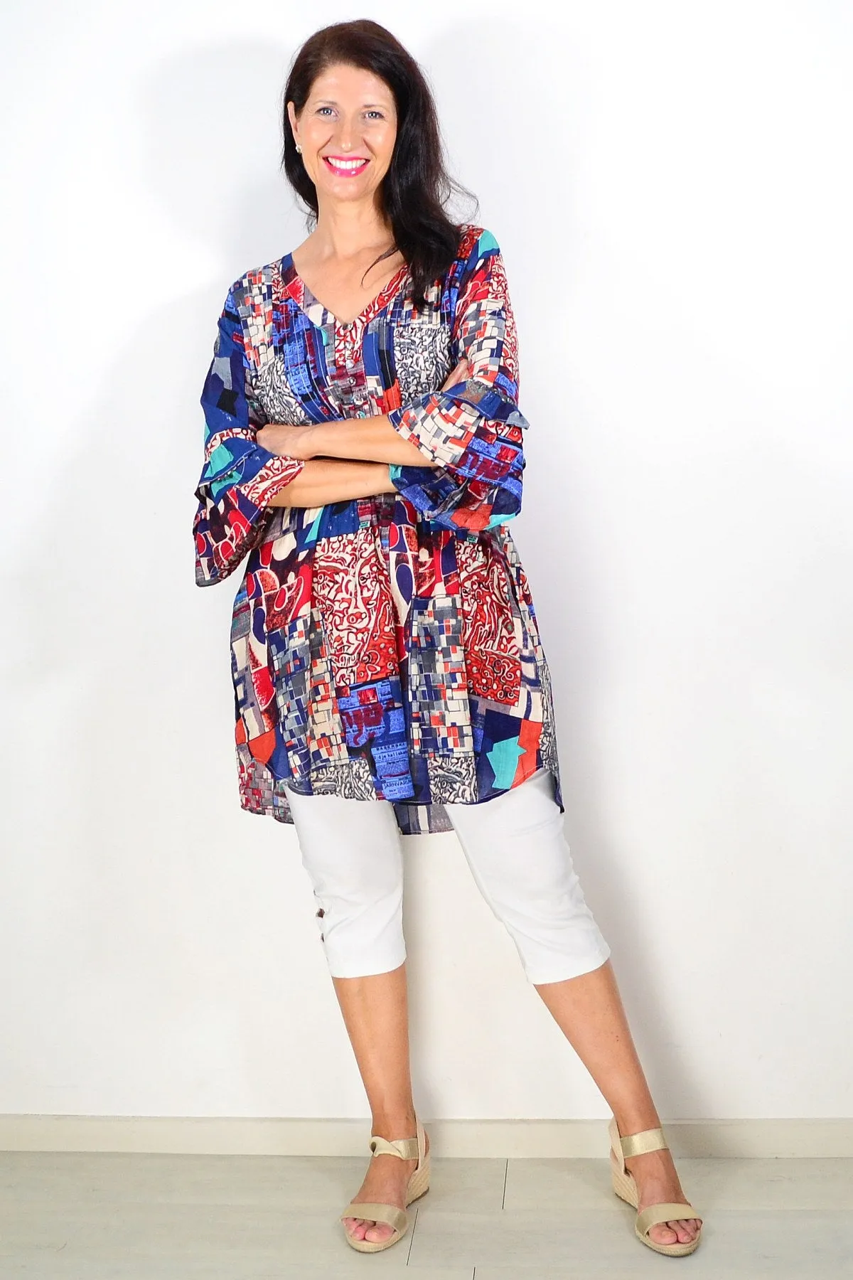 Kaira Blue Red Ladies Tunic Top