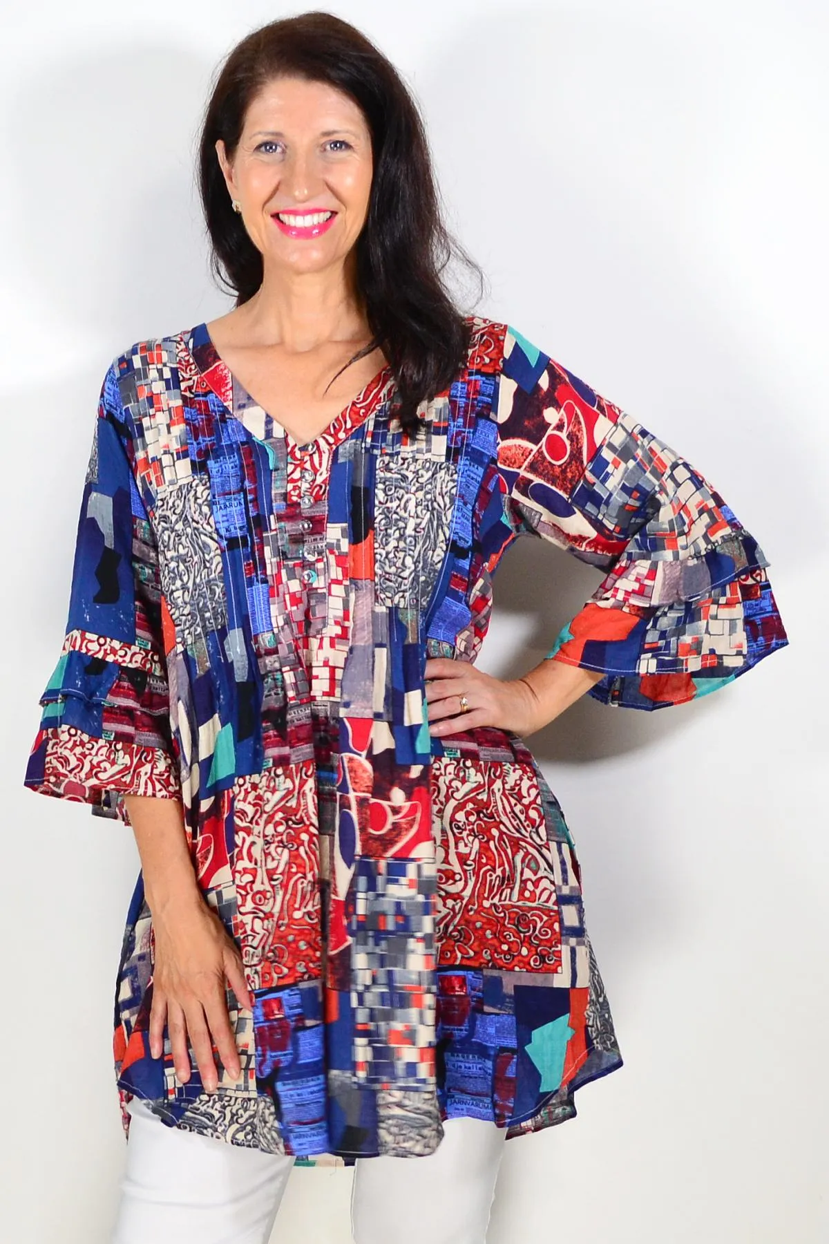 Kaira Blue Red Ladies Tunic Top