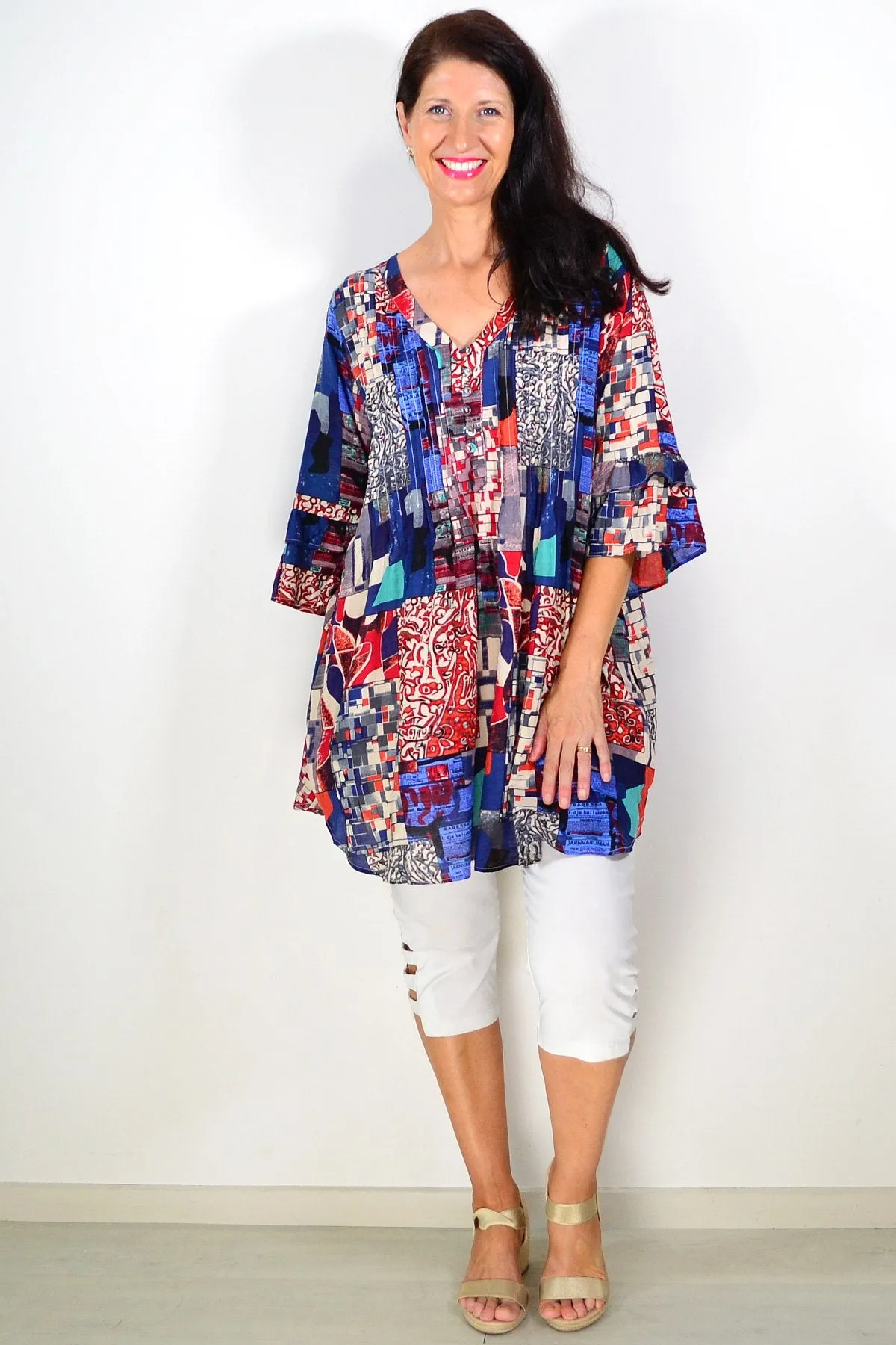 Kaira Blue Red Ladies Tunic Top