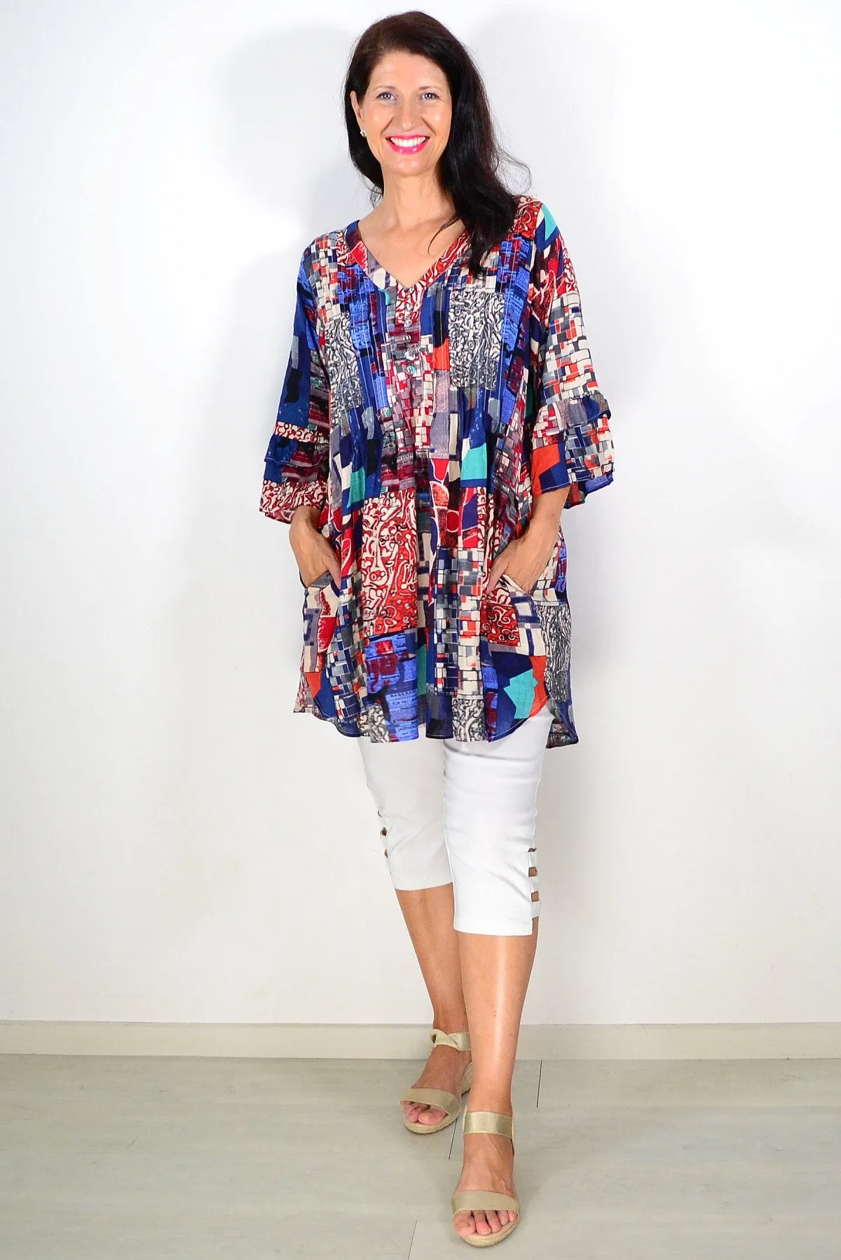 Kaira Blue Red Ladies Tunic Top