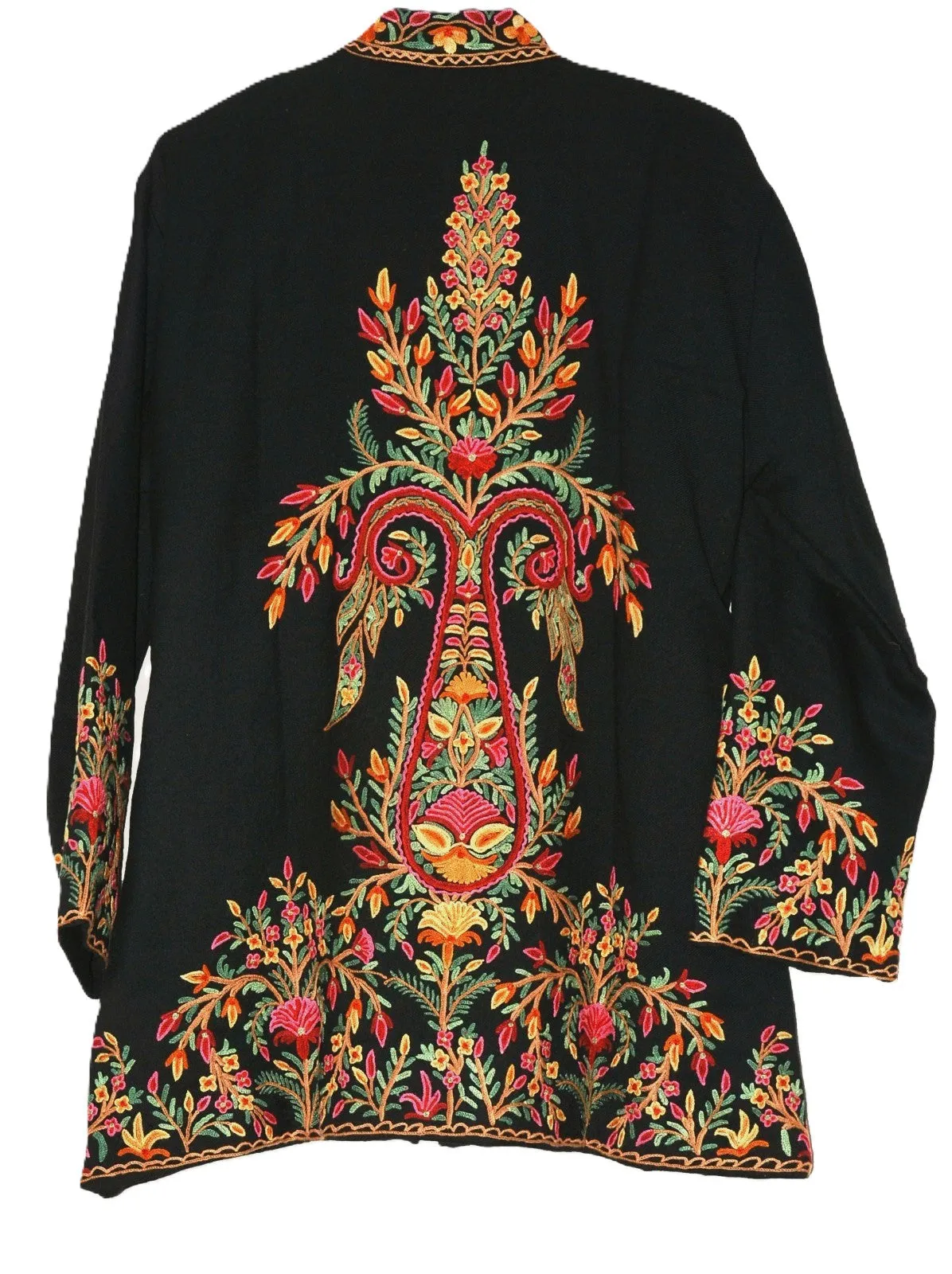 Kashmiri Woolen Jacket Black, Multicolor Embroidery #AO-003