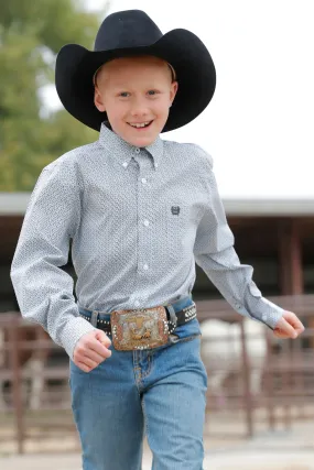 Kids Cinch White/Green Geo Print Long Sleeve Shirt - MTW7060358