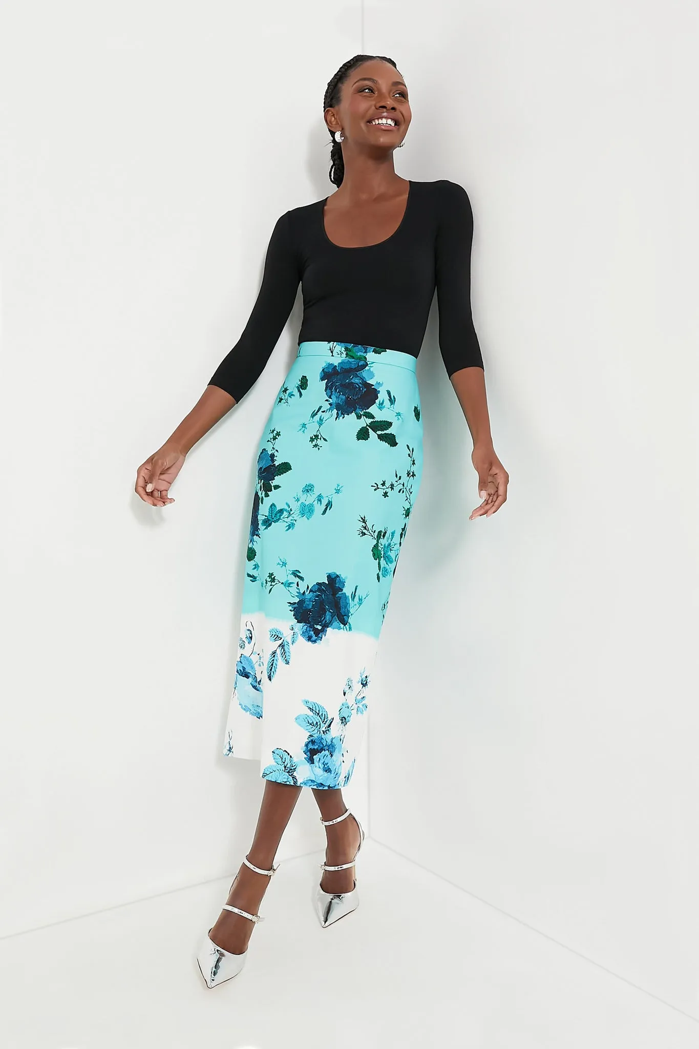 Kingfisher and White Midi Length Pencil Skirt