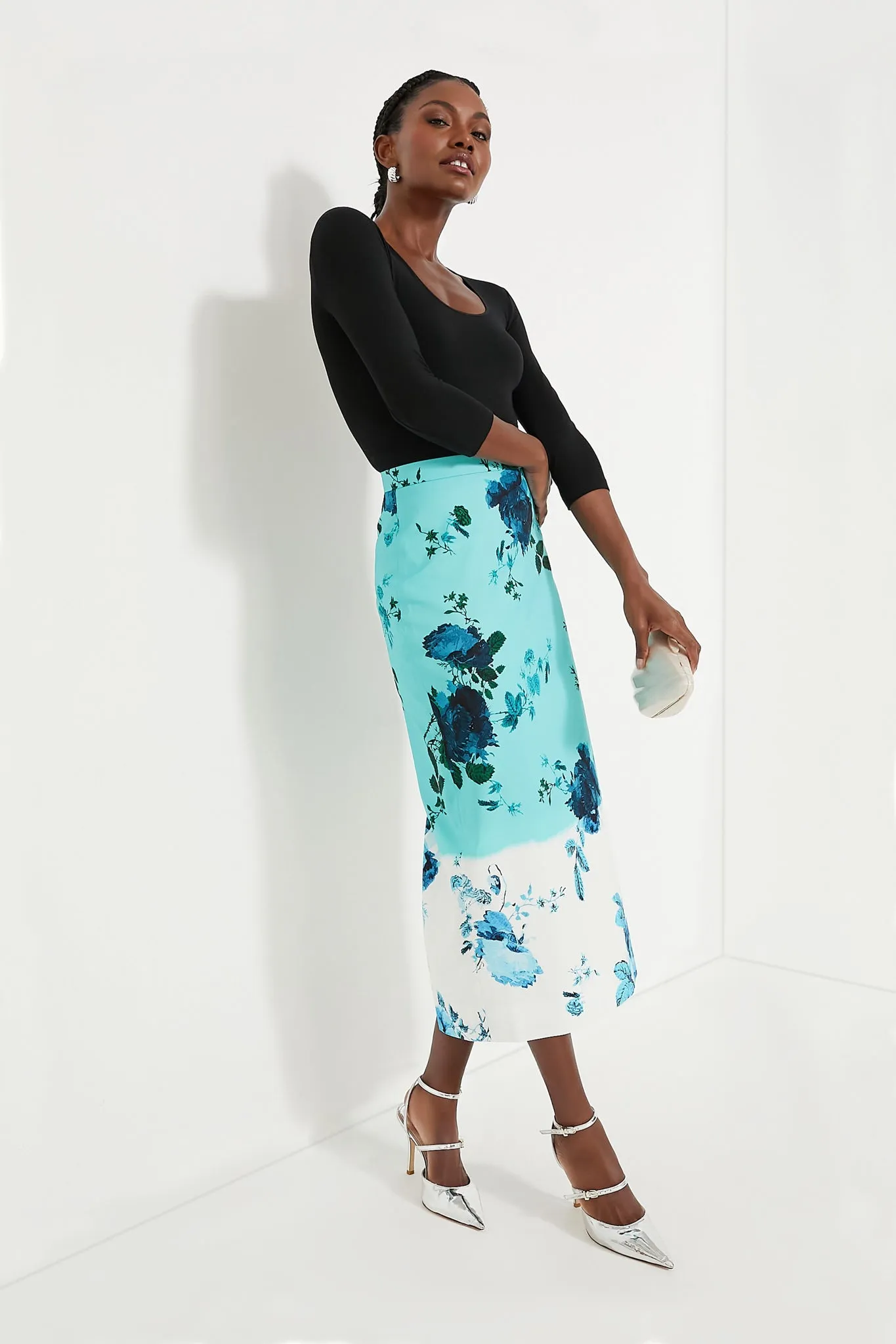 Kingfisher and White Midi Length Pencil Skirt