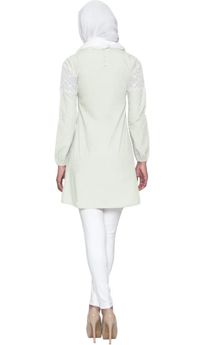 Leena Long Lace Accent Fine Cotton Tunic - Ice Green - FINAL SALE