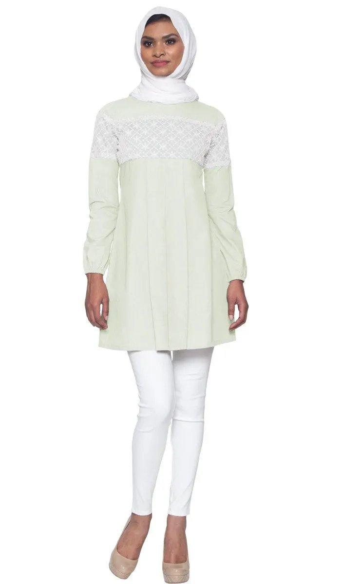 Leena Long Lace Accent Fine Cotton Tunic - Ice Green - FINAL SALE